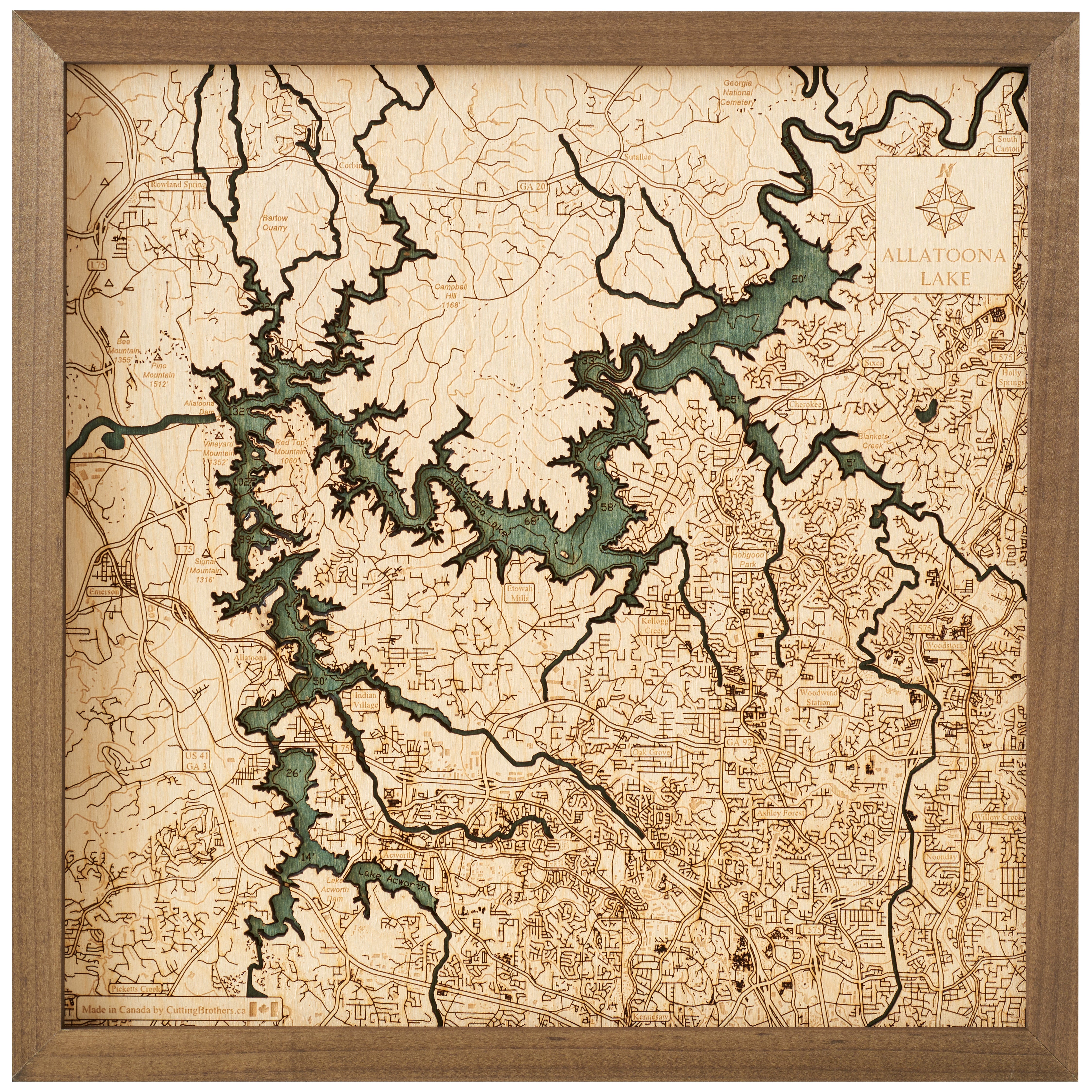 ALLATOONA LAKE 3D WOODEN WALL MAP - Version S