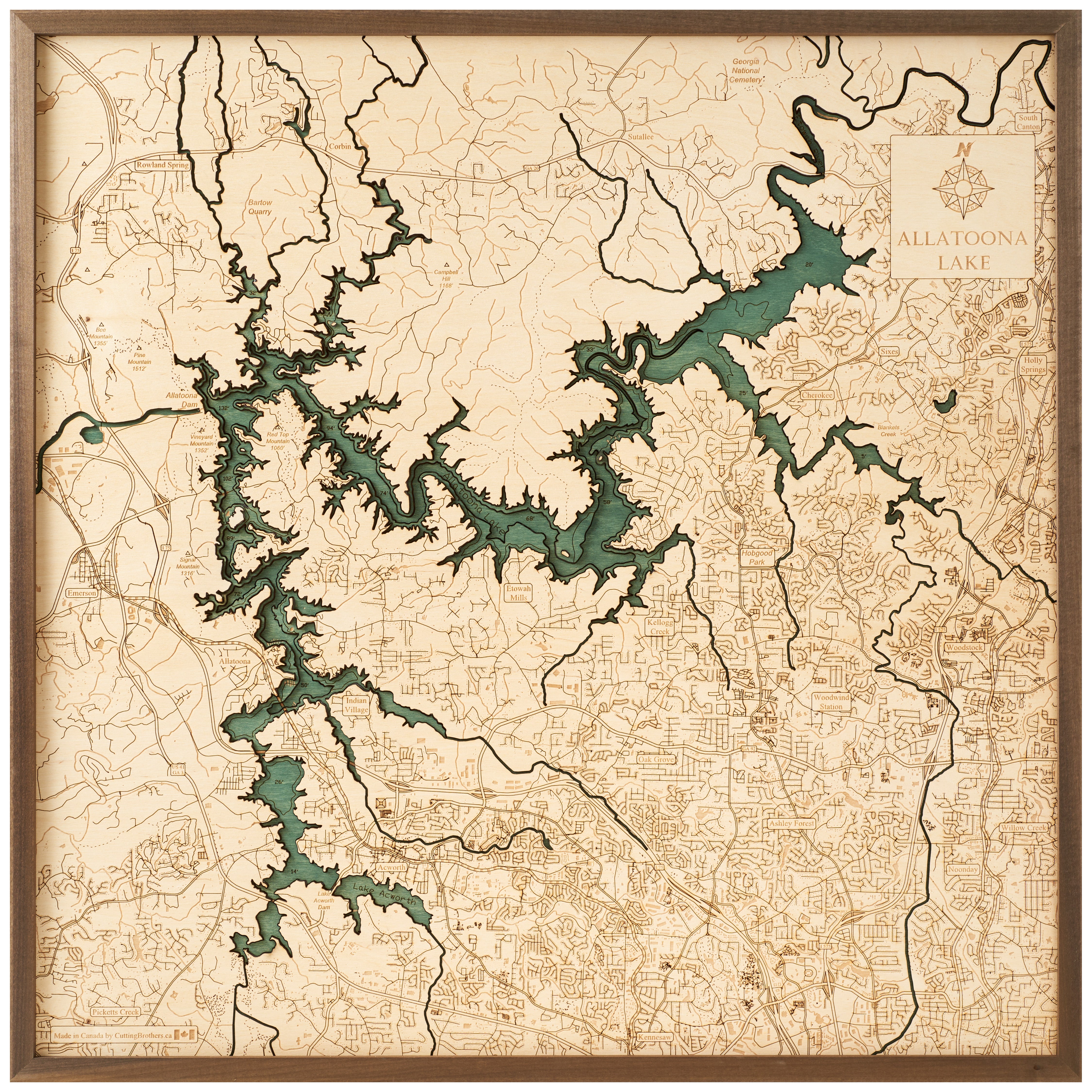 ALLATOONA LAKE 3D WOODEN WALL MAP - Version L