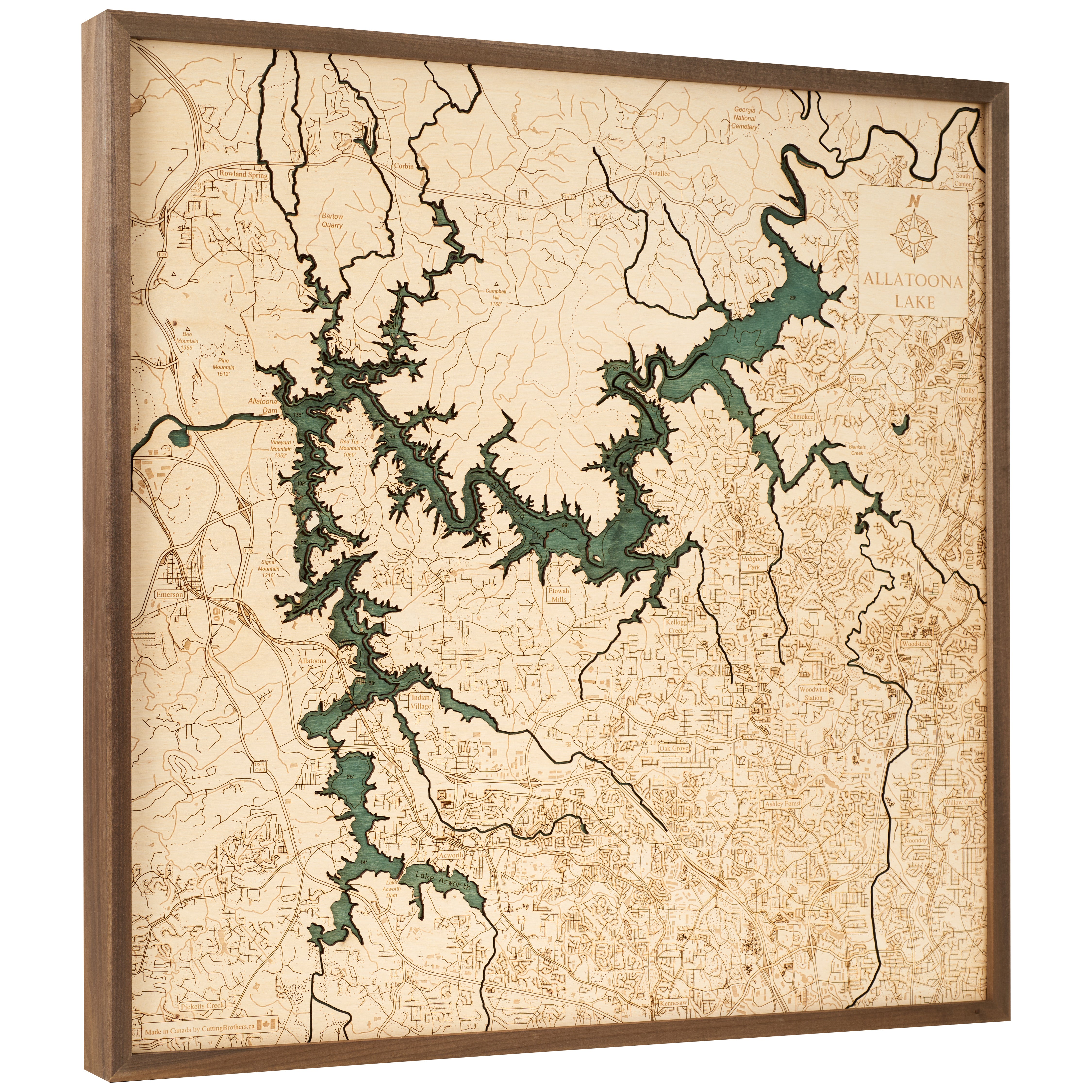 ALLATOONA LAKE 3D WOODEN WALL MAP - Version L