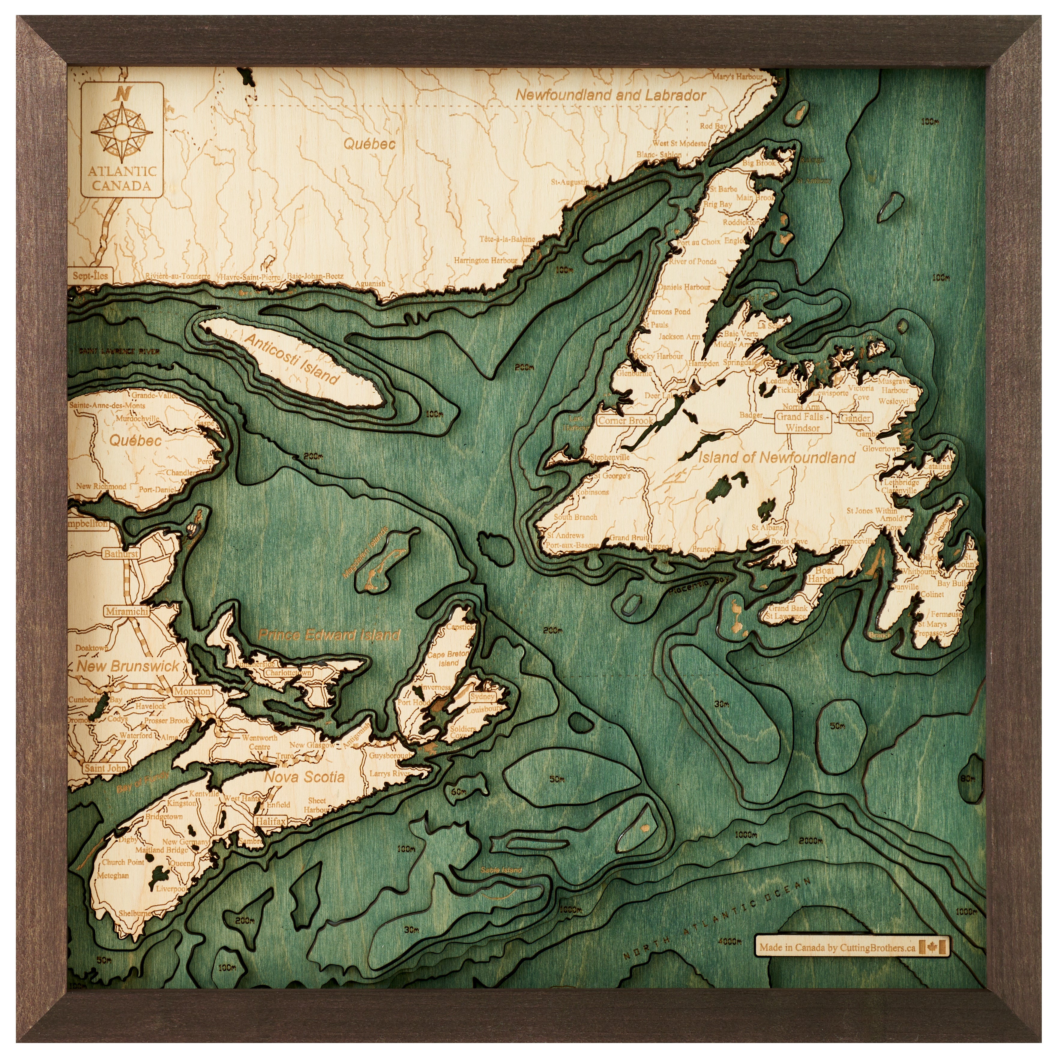 ATLANTIC CANADA 3D WOODEN WALL MAP - Version S