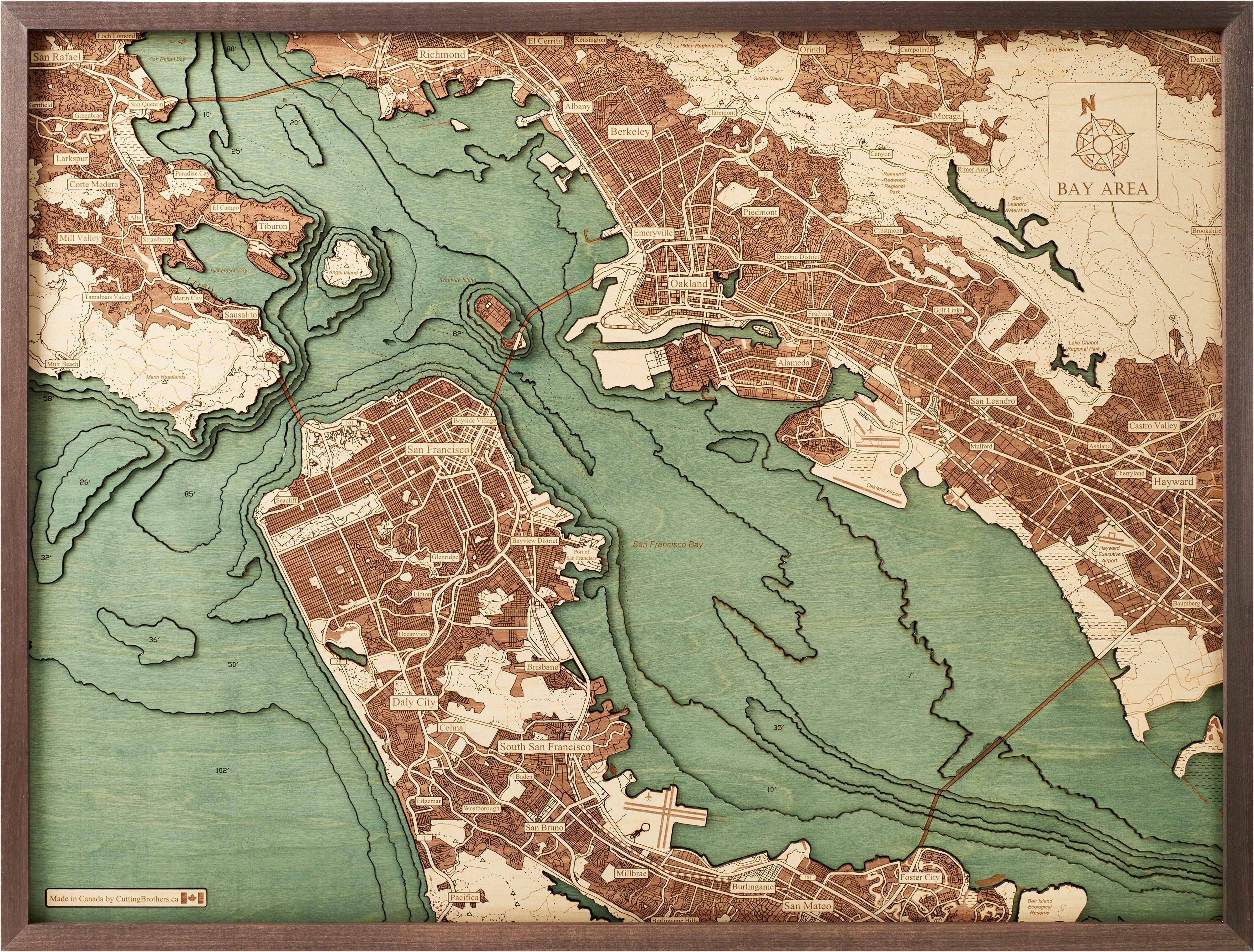 BAY AREA 3D WOODEN WALL MAP - Version L