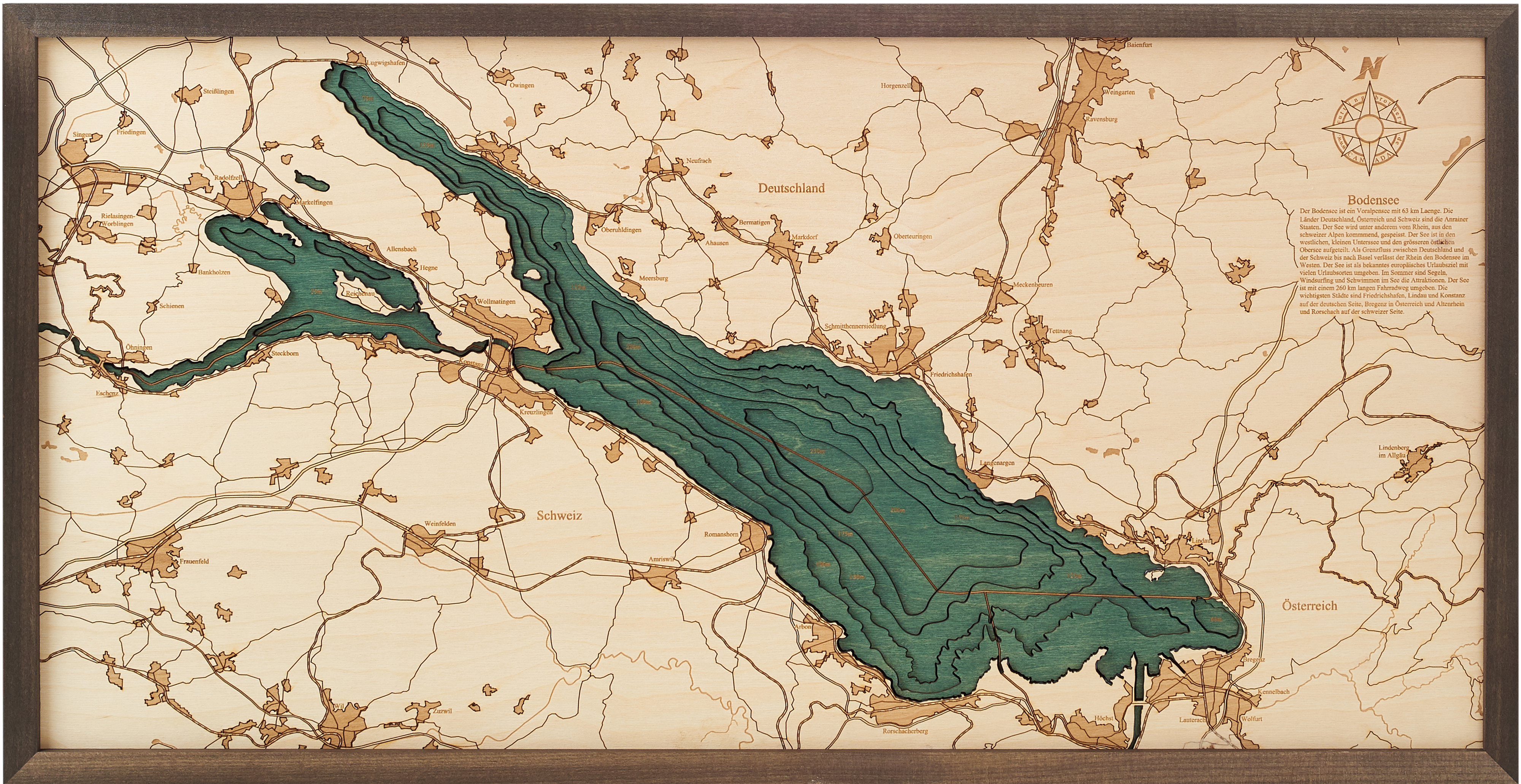 LAKE CONSTANCE 3D WOODEN WALL MAP - Version M