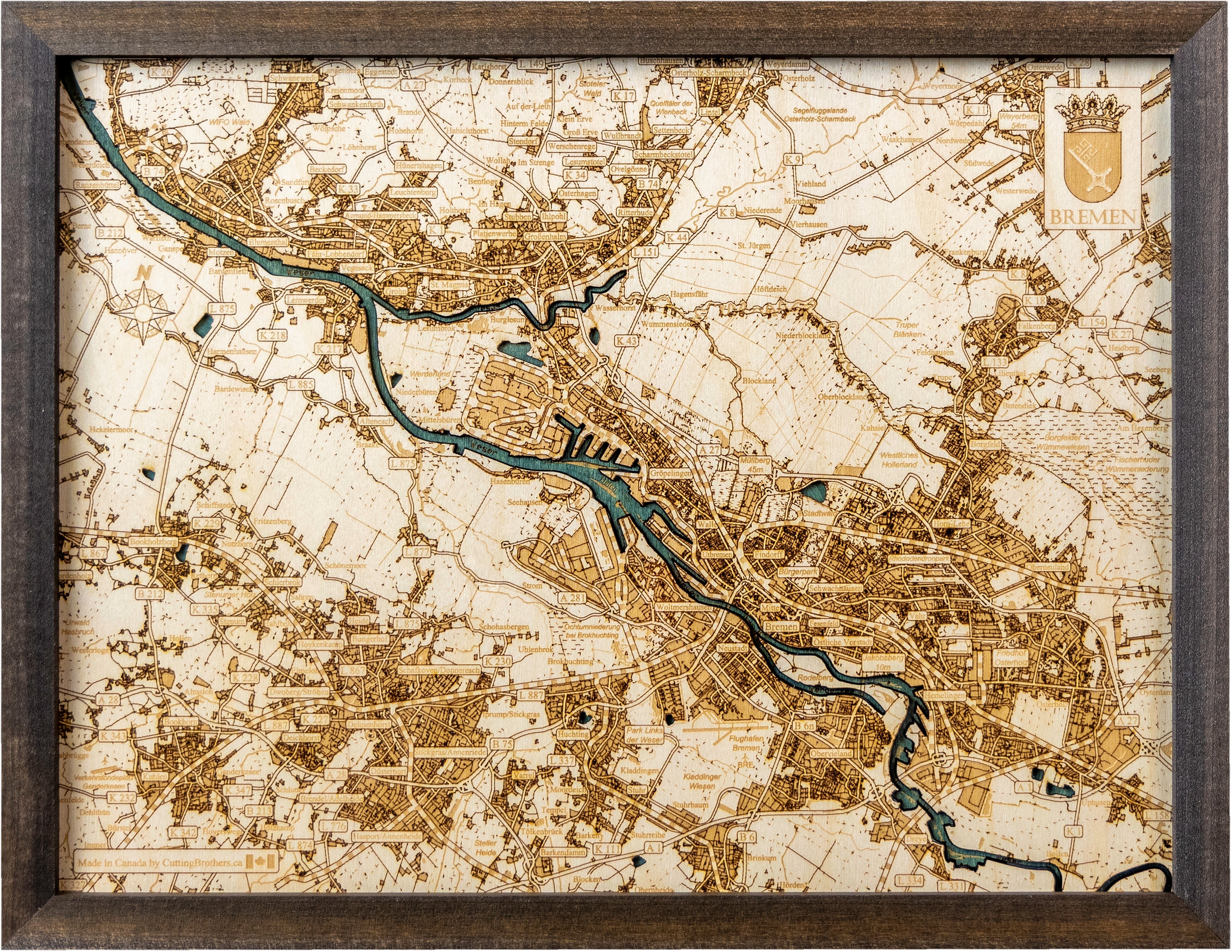 BREMEN 3D WOODEN WALL MAP - Version S