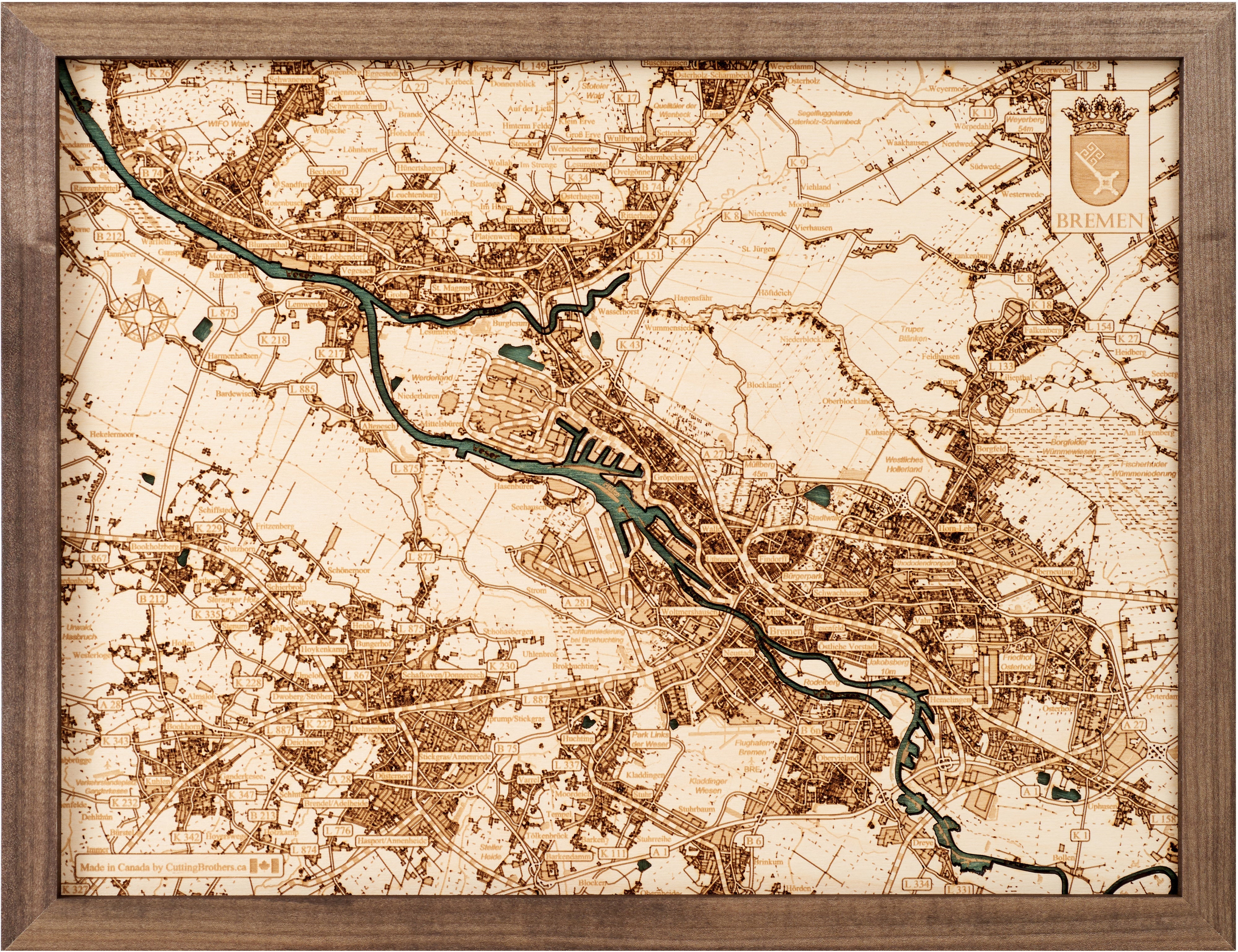 BREMEN 3D WOODEN WALL MAP - Version L