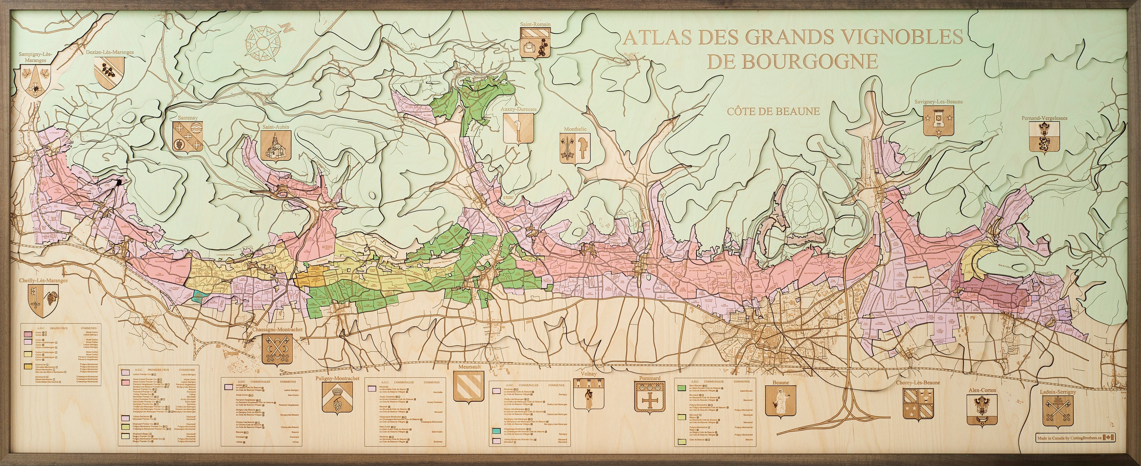 COTE DE BEAUNE 3D WOODEN WALL MAP - Version XXL