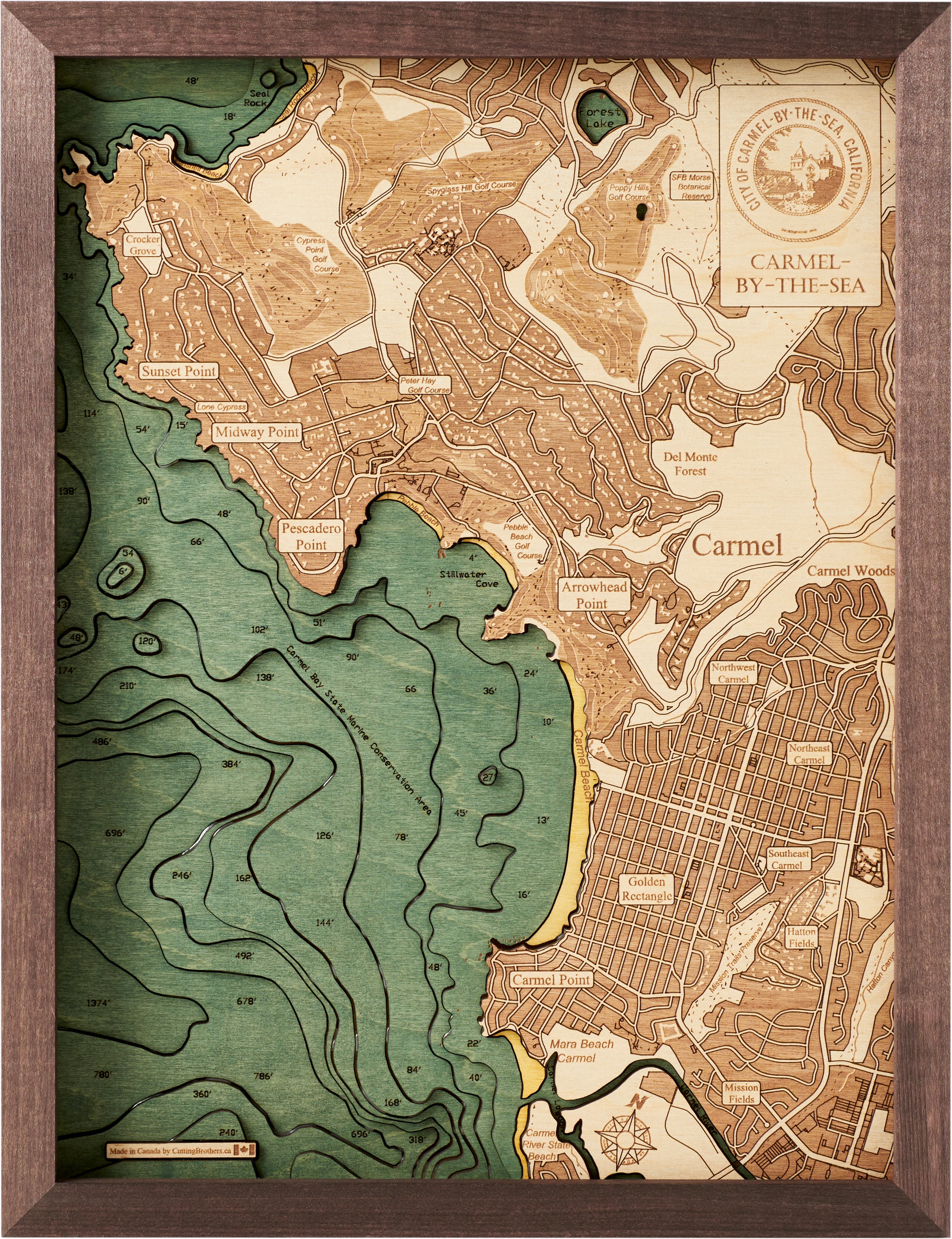 CARMEL BY THE SEA 3D WOODEN WALL MAP - Version S