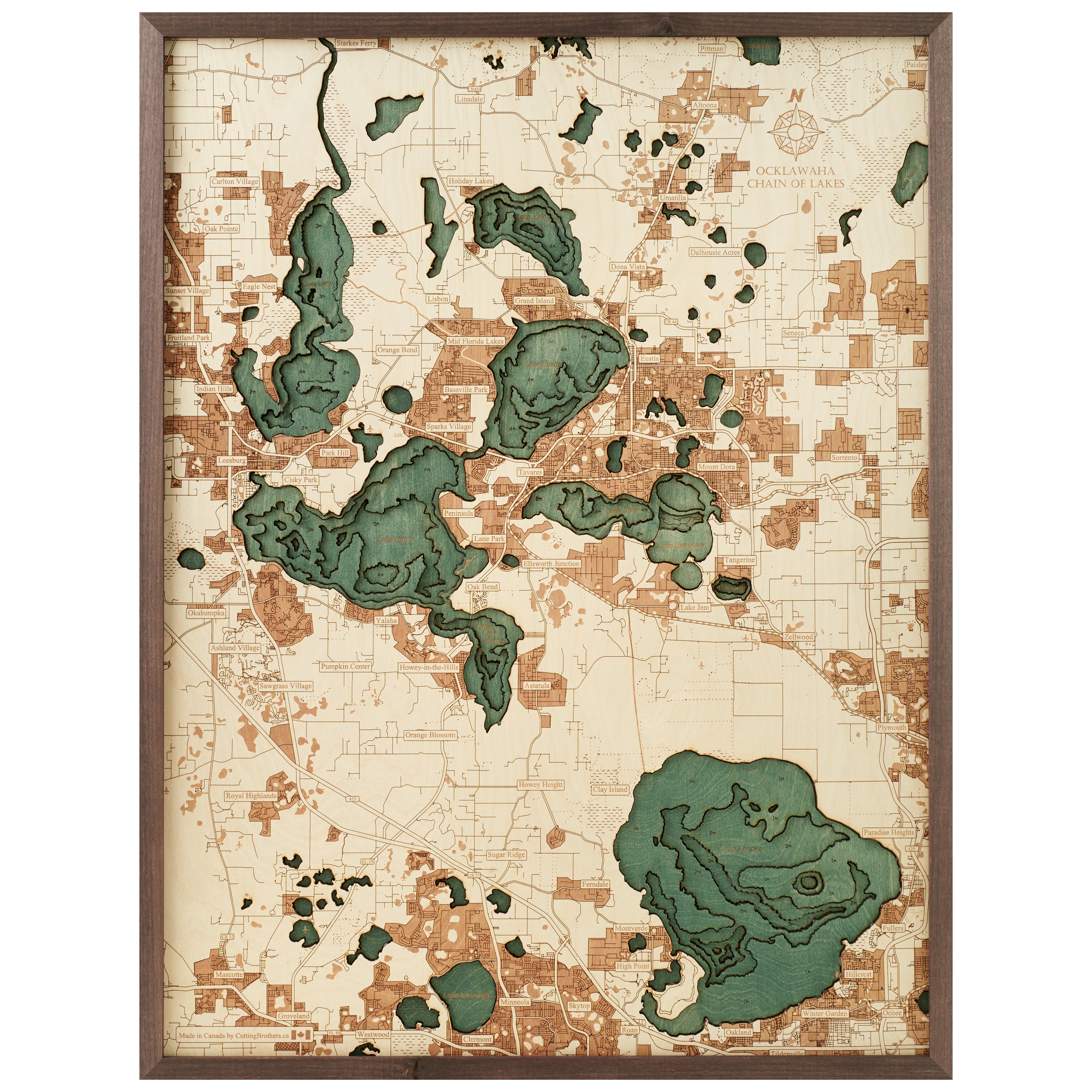 OCKLAWAHA LAKES CENTRAL FLORIDA 3D WOODEN WALL MAP - Version L