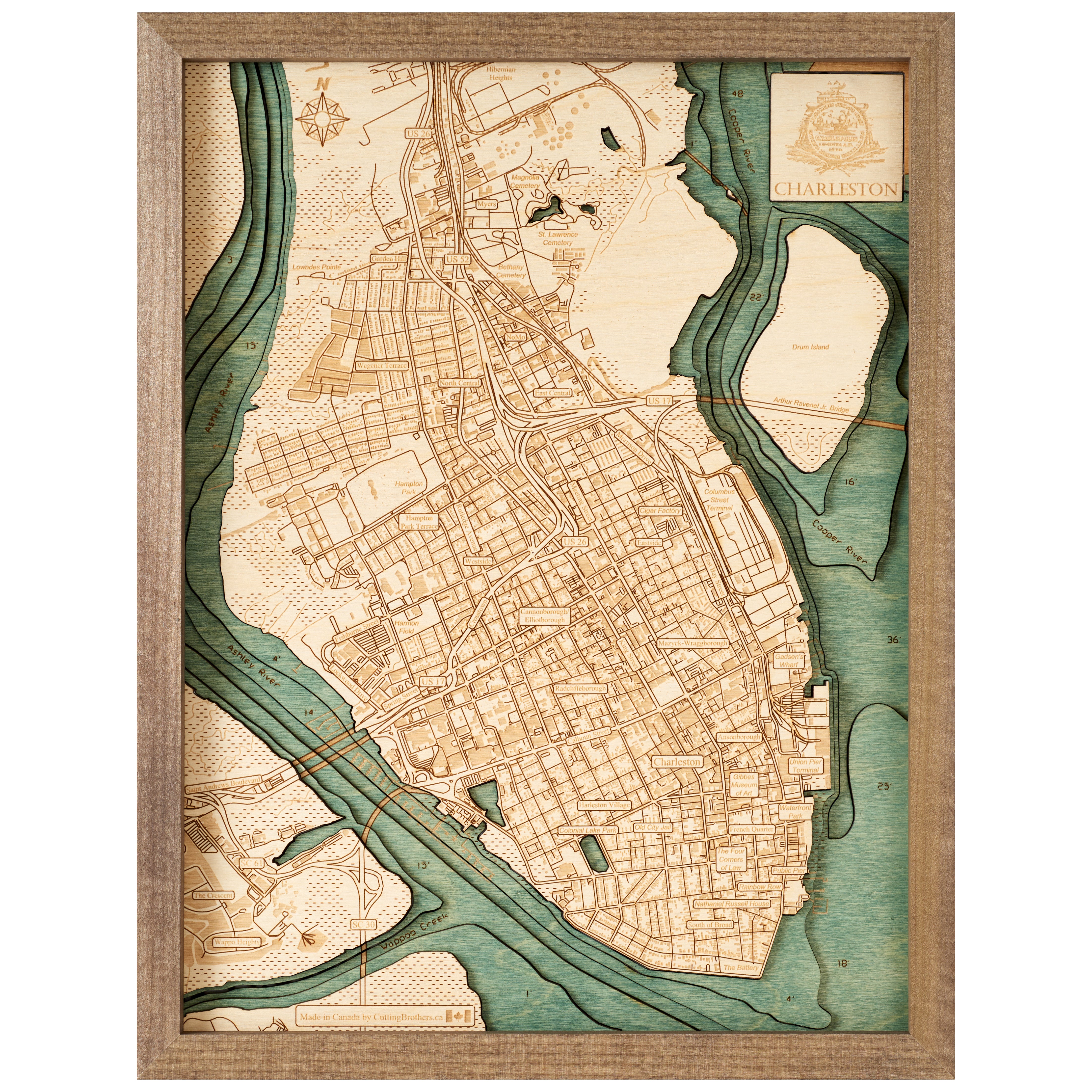 CHARLESTON 3D WOODEN WALL MAP - Version S