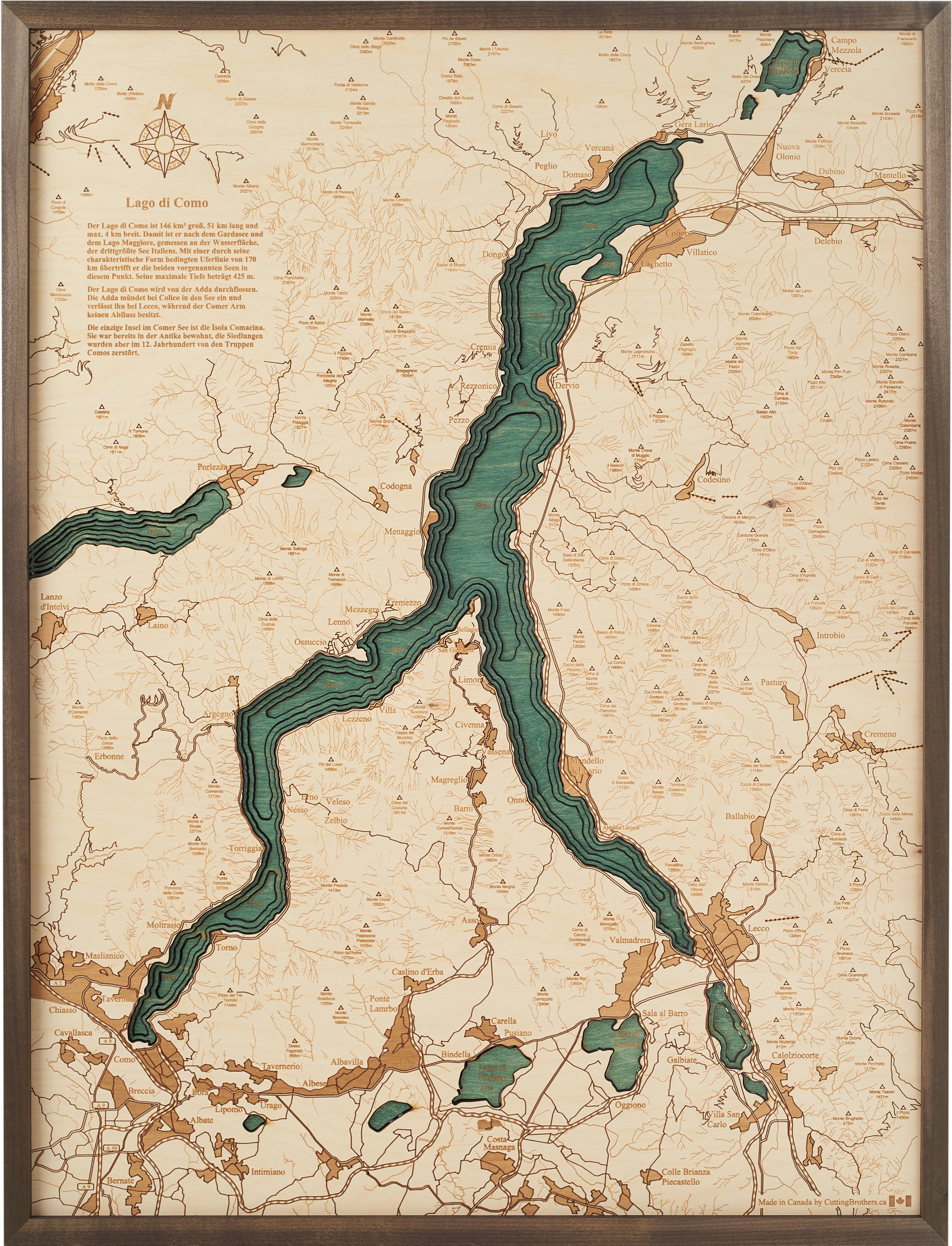 LAKE COMO 3D WOODEN WALL MAP - Version L