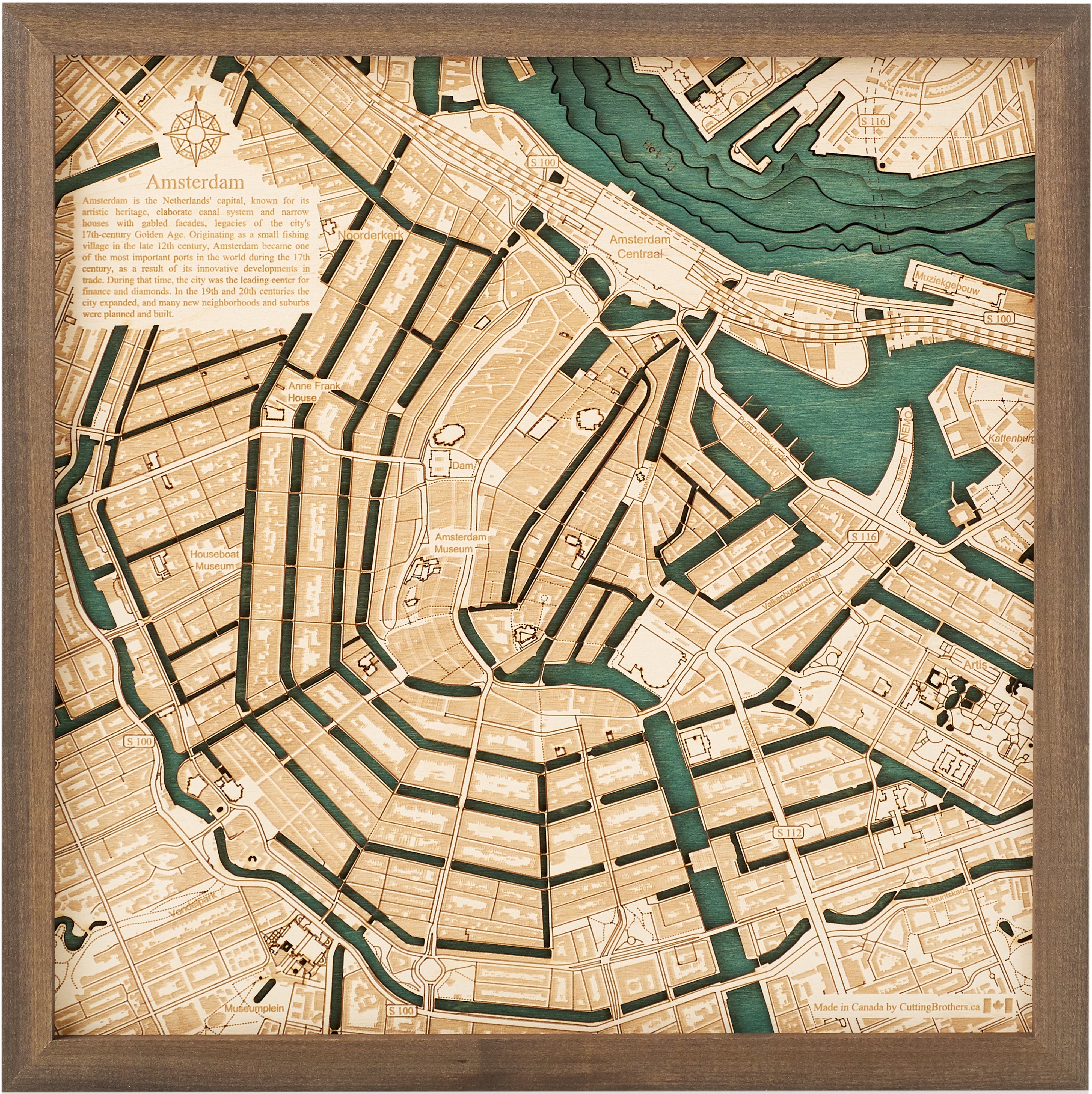 AMSTERDAM 3D WOODEN WALL MAP - Version S