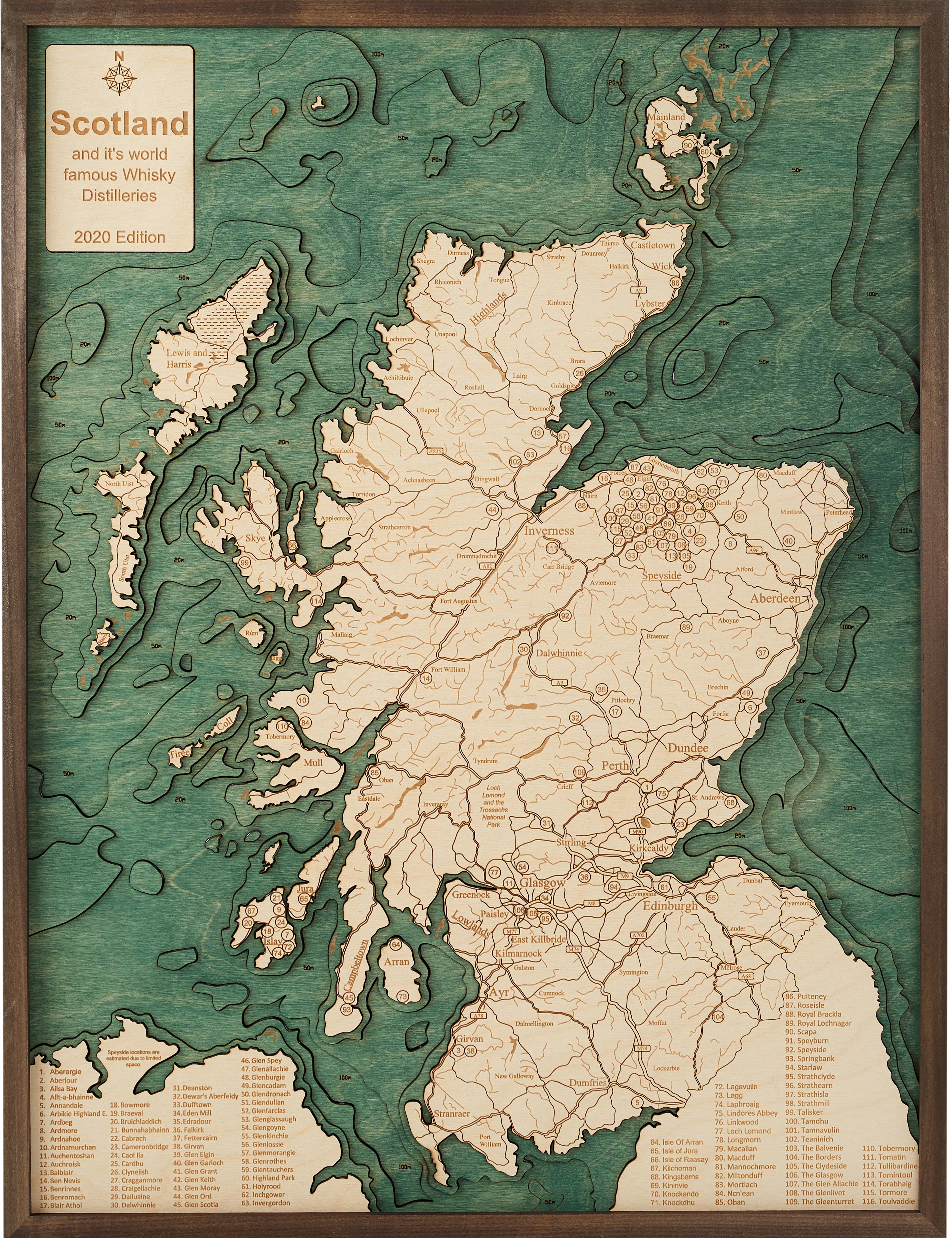 SCOTLAND (DISTILLERIES) 3D WOODEN WALL MAP - Version L