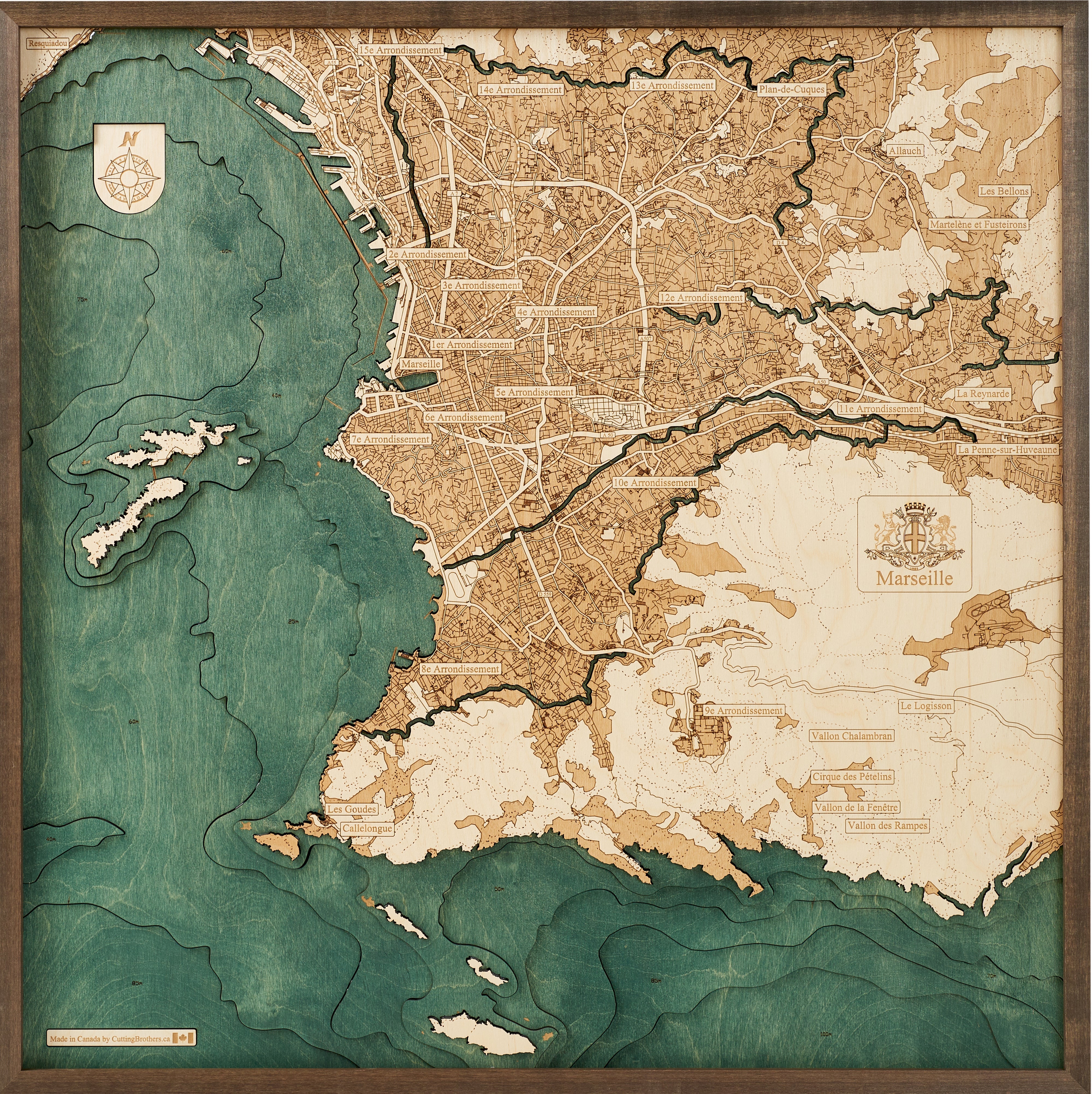 MARSEILLE 3D WOODEN WALL MAP - Version L