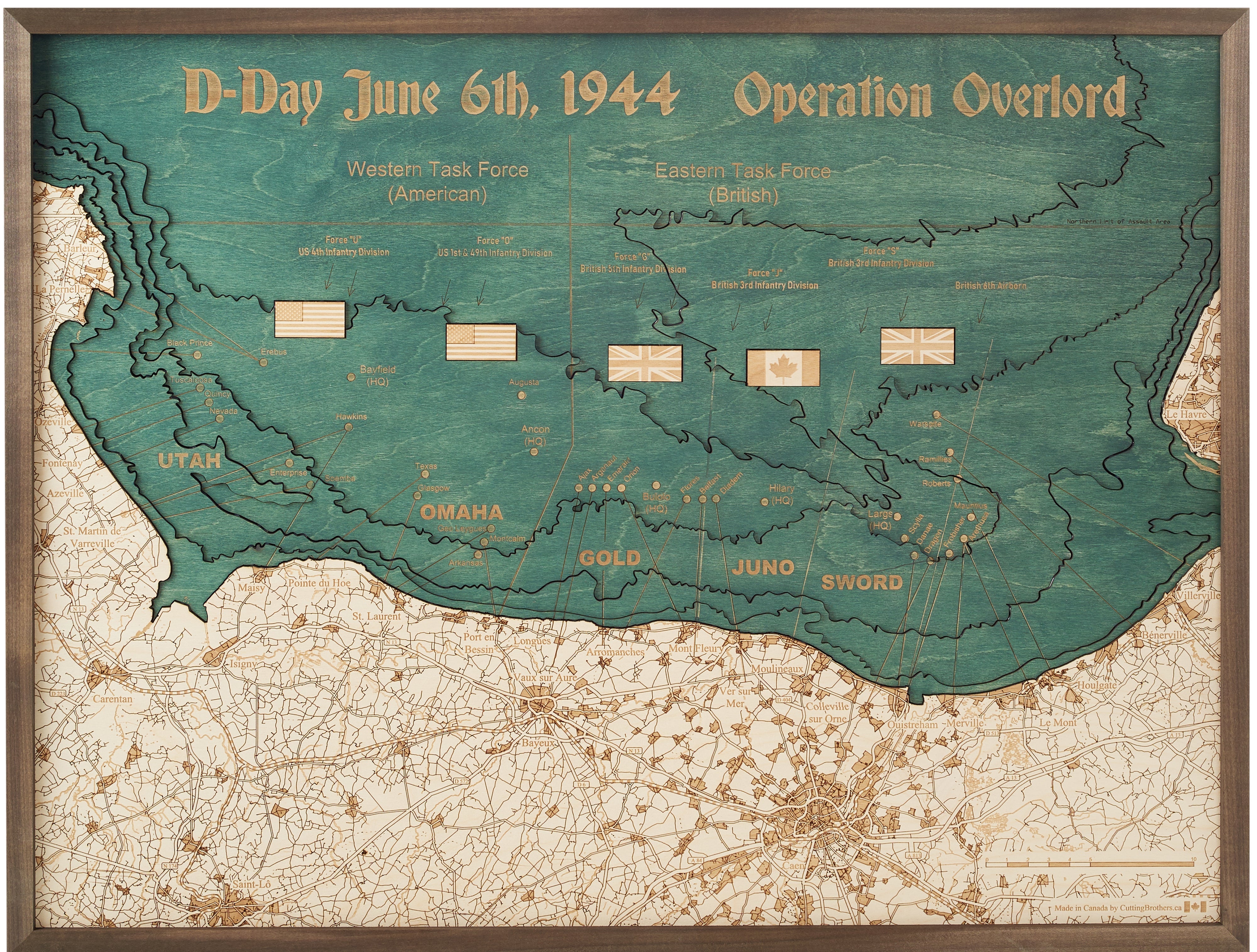 D-DAY BEACHES 3D WOODEN WALL MAP - Version L