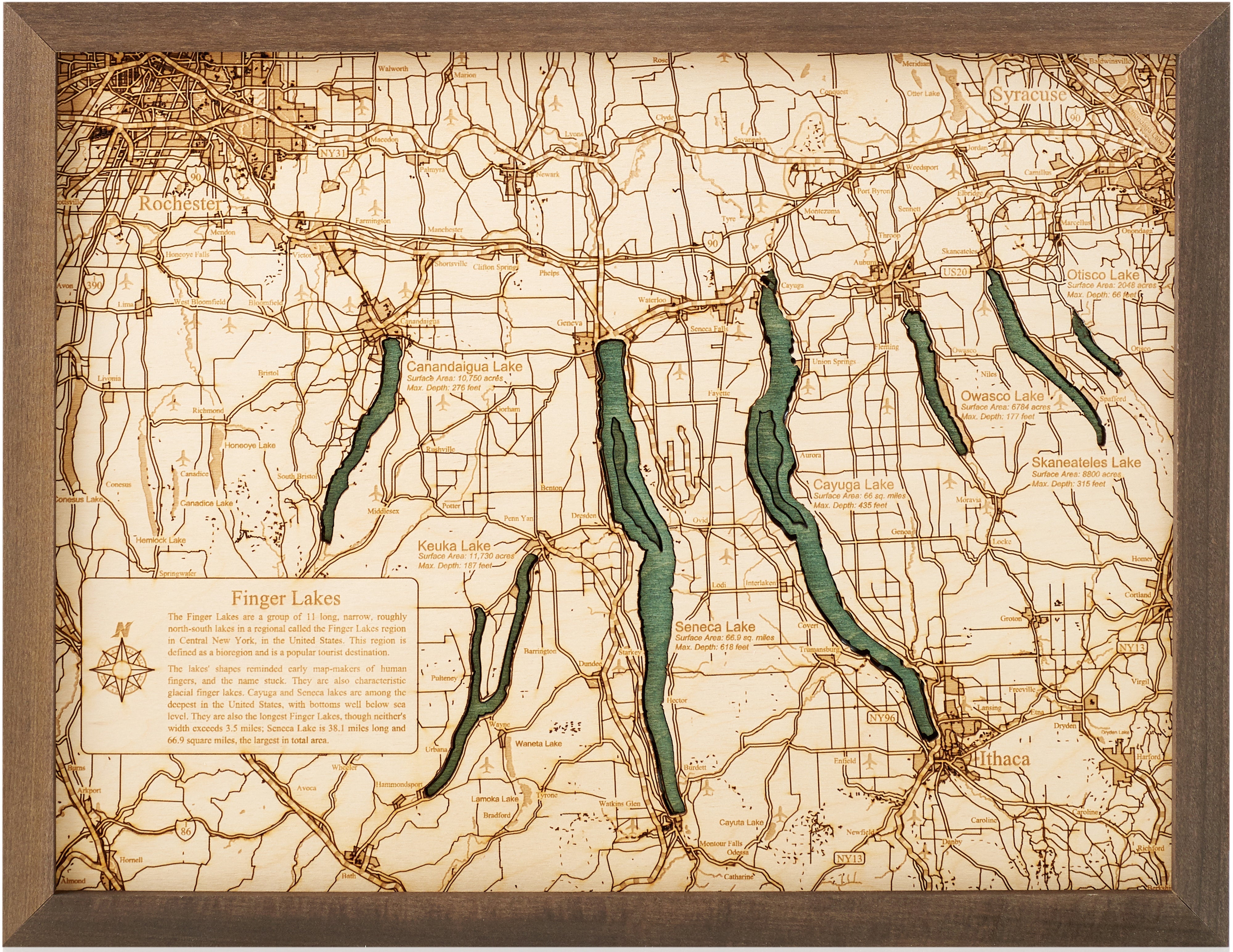 FINGER LAKES 3D WOODEN WALL MAP - Version S