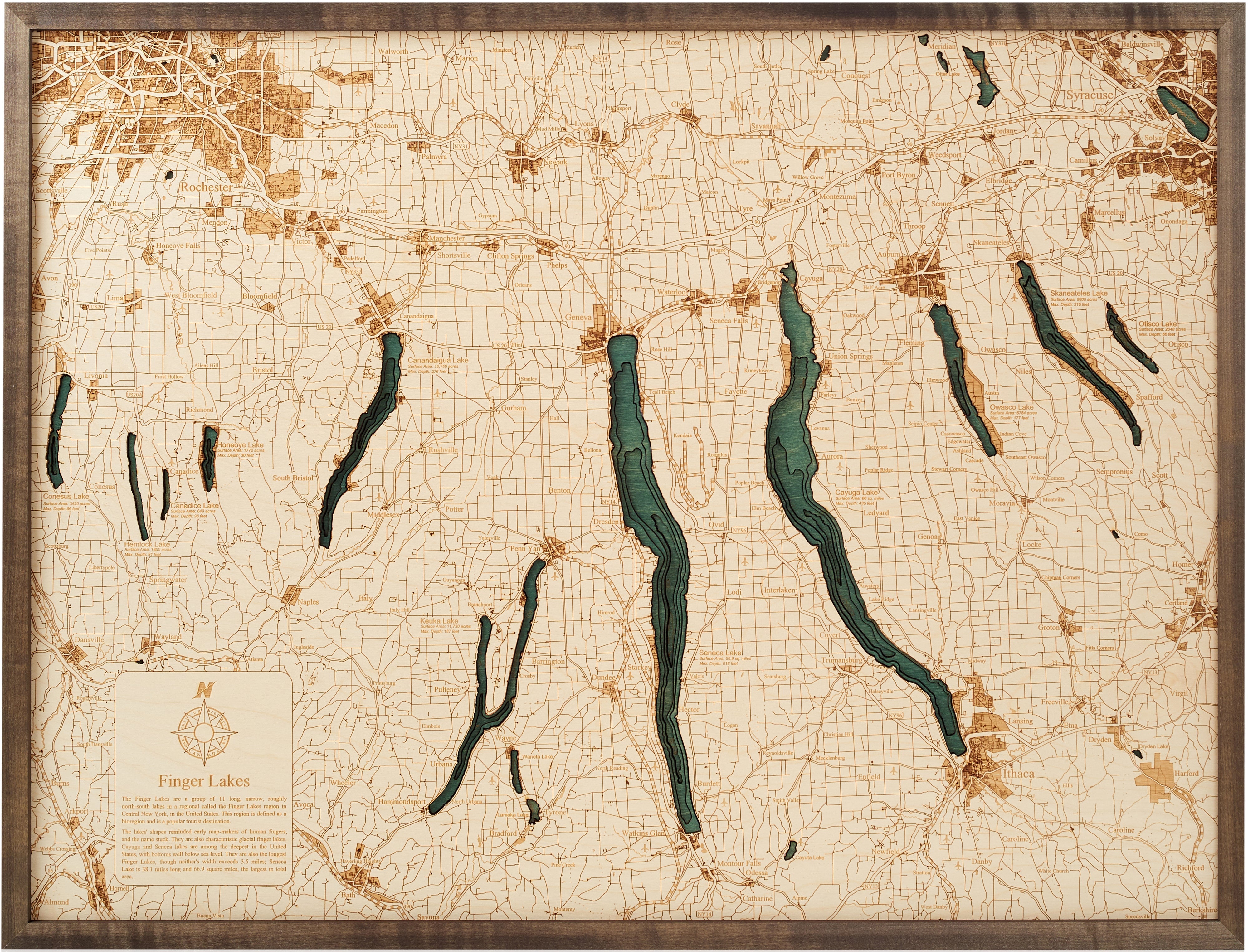 FINGER LAKES 3D WOODEN WALL MAP - Version L