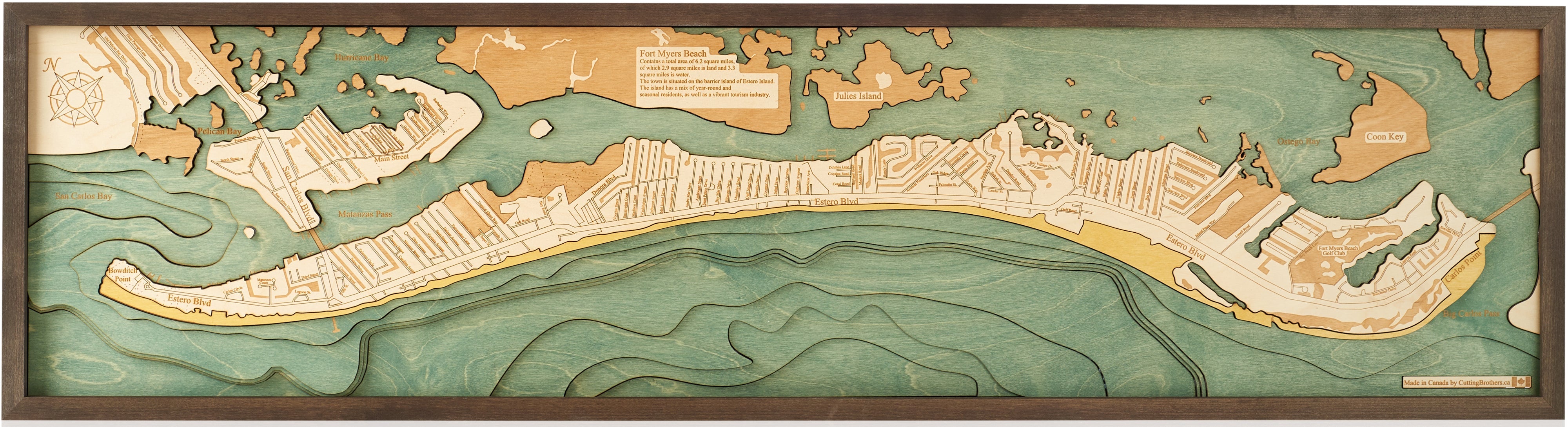 FORT MYERS BEACH 3D WOODEN WALL MAP - Version L