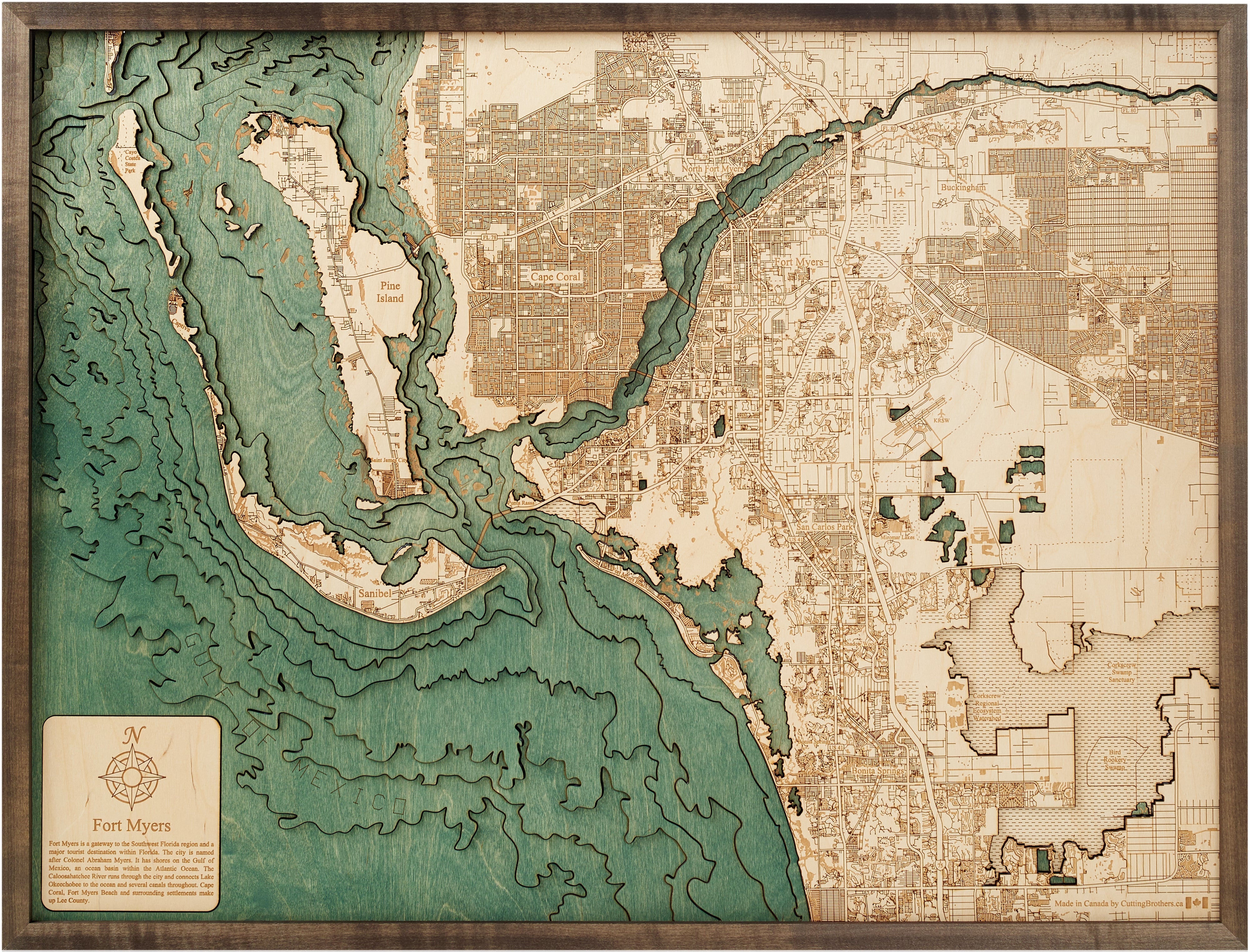 FORT MYERS, CAPE CORAL 3D WOODEN WALL MAP - Version L