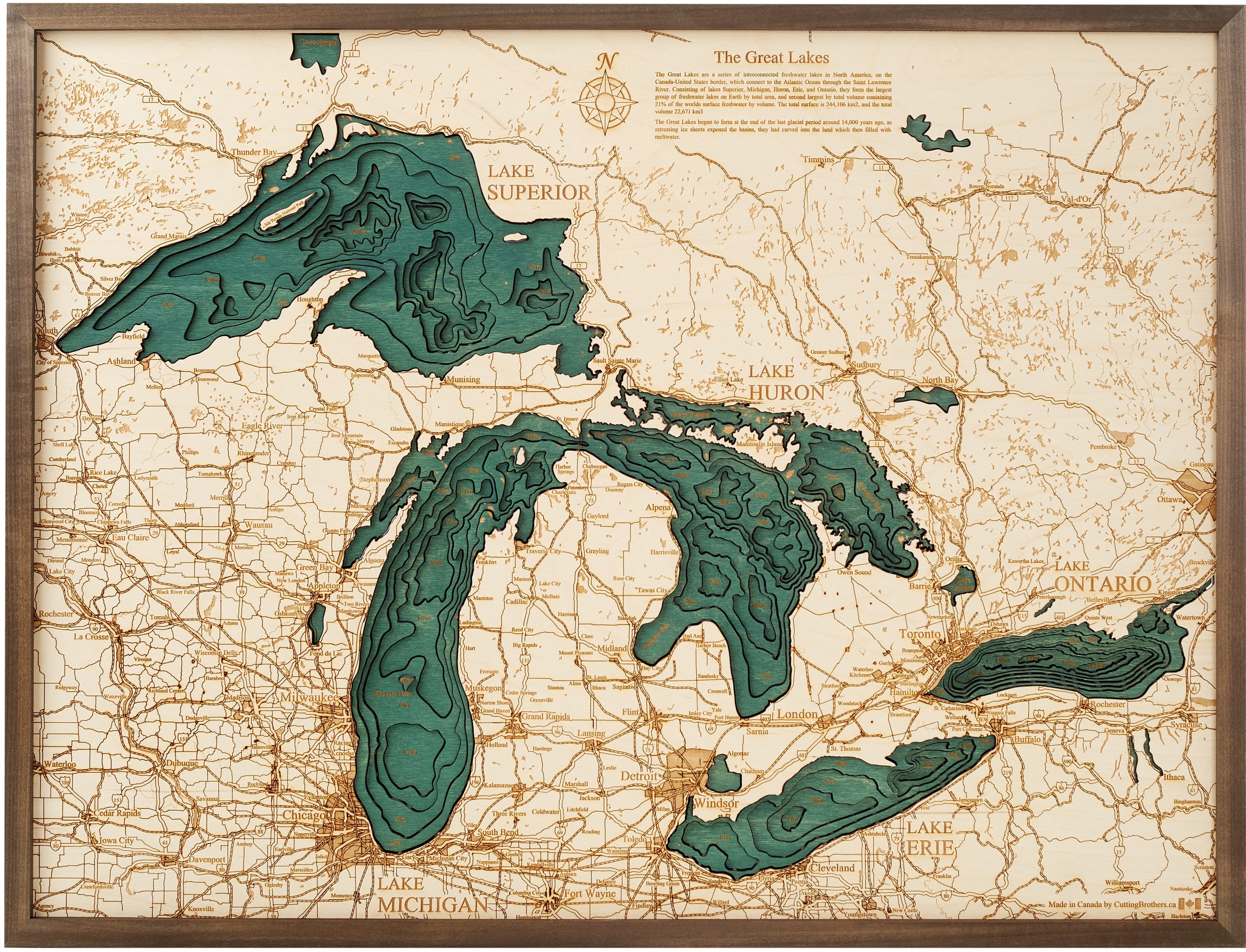 GREAT LAKES 3D WOODEN WALL MAP - Version L