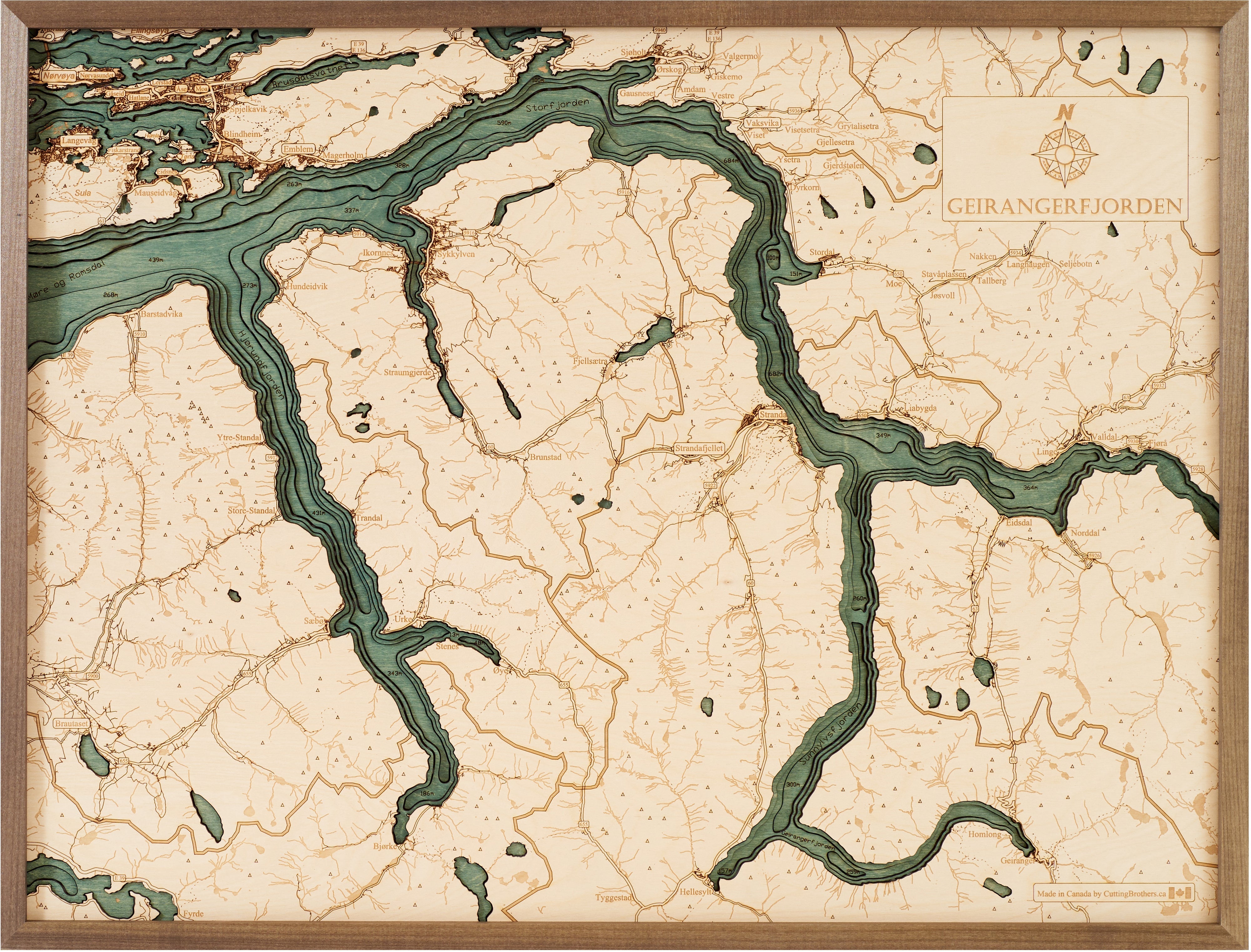 GEIRANGER FJORD 3D WOODEN WALL MAP - Version L