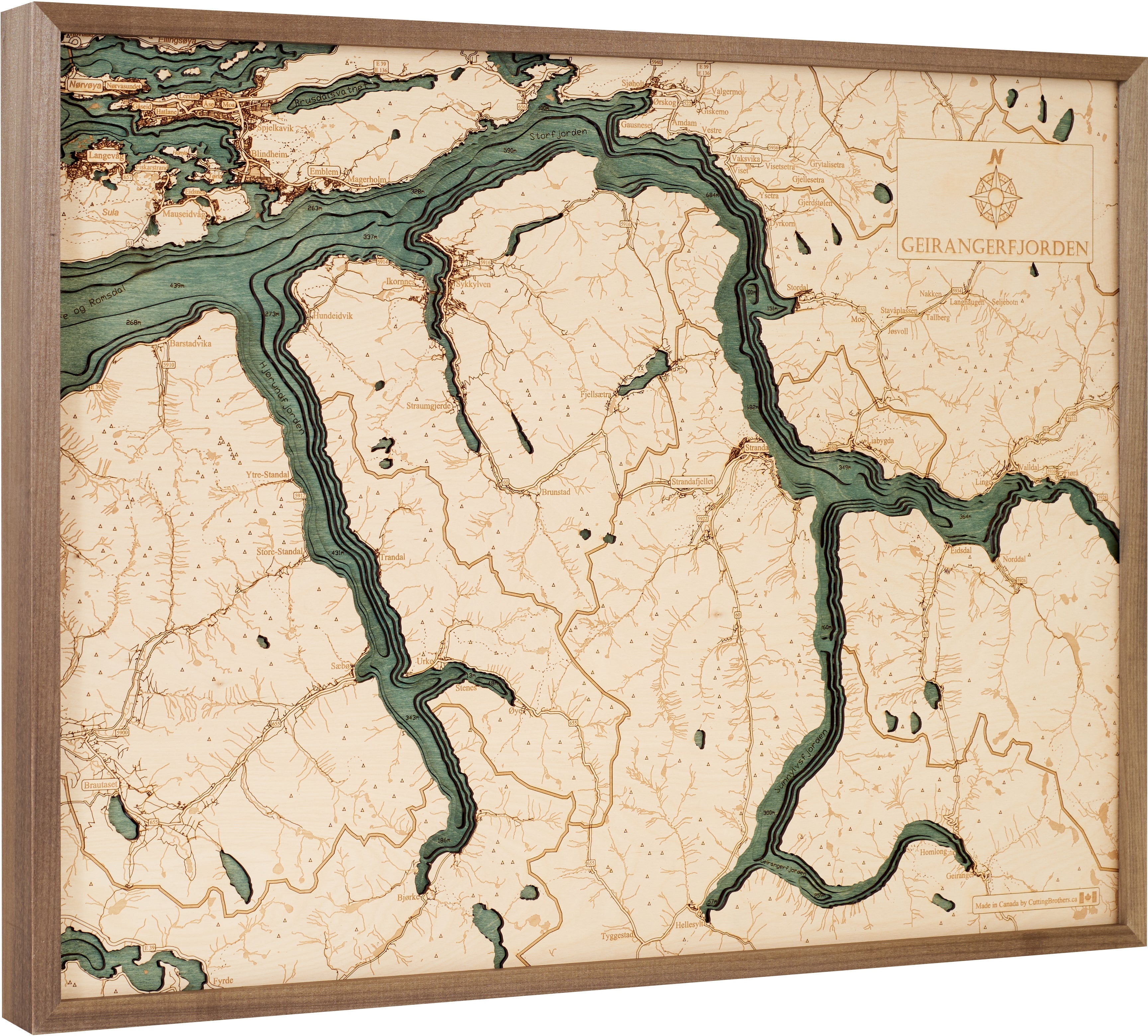 GEIRANGER FJORD 3D WOODEN WALL MAP - Version L