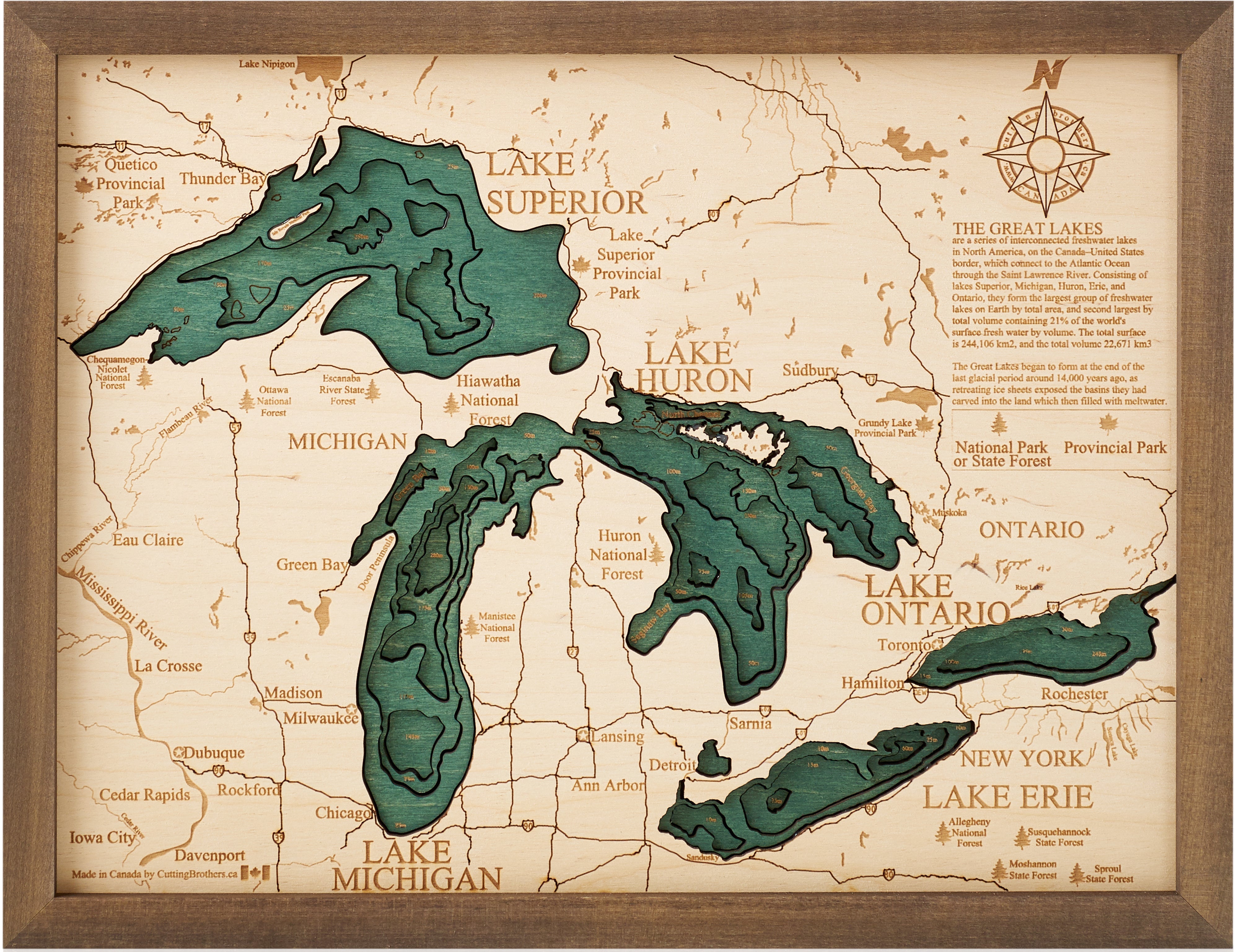 GREAT LAKES 3D WOODEN WALL MAP - Version S