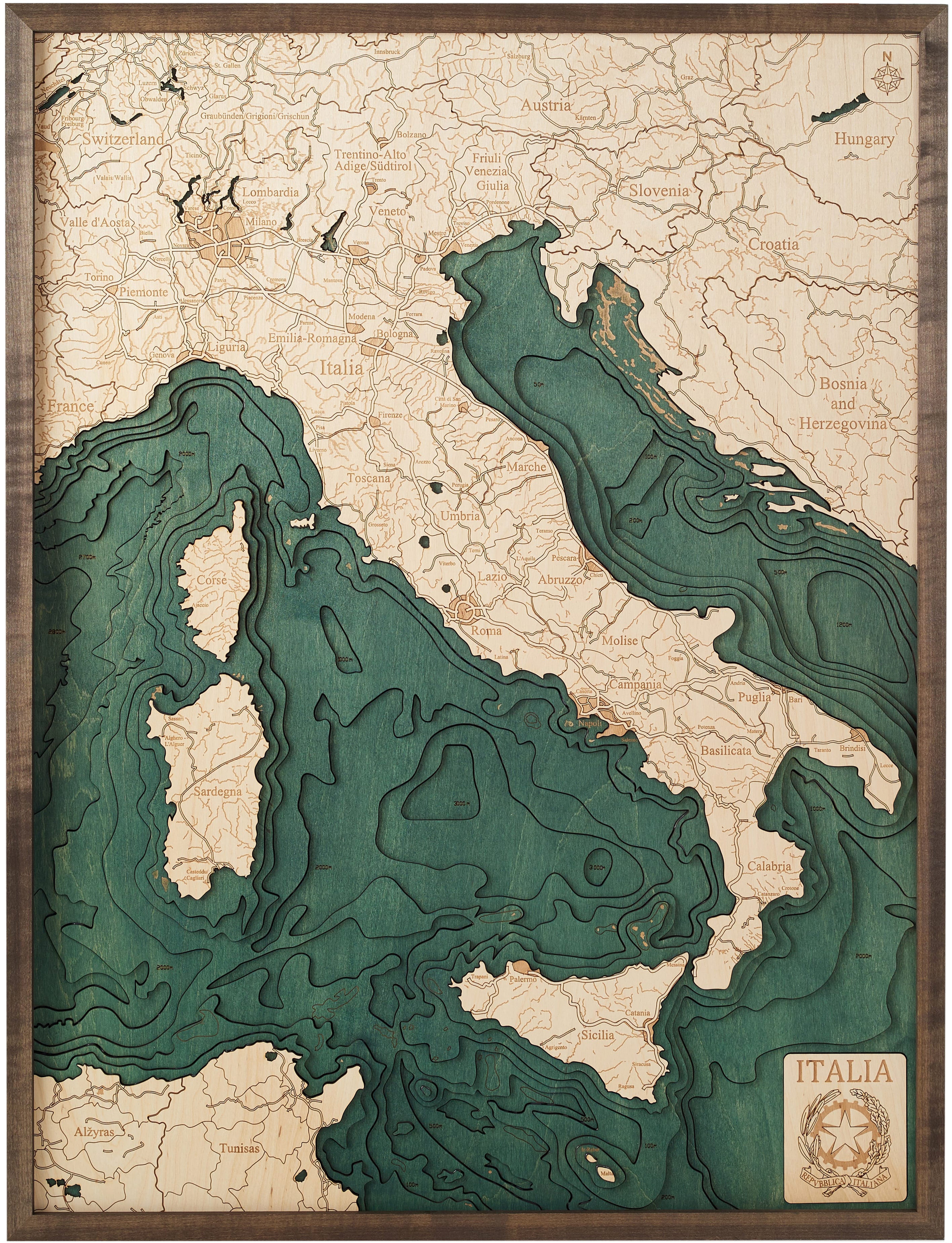 ITALY 3D WOODEN WALL MAP - Version L