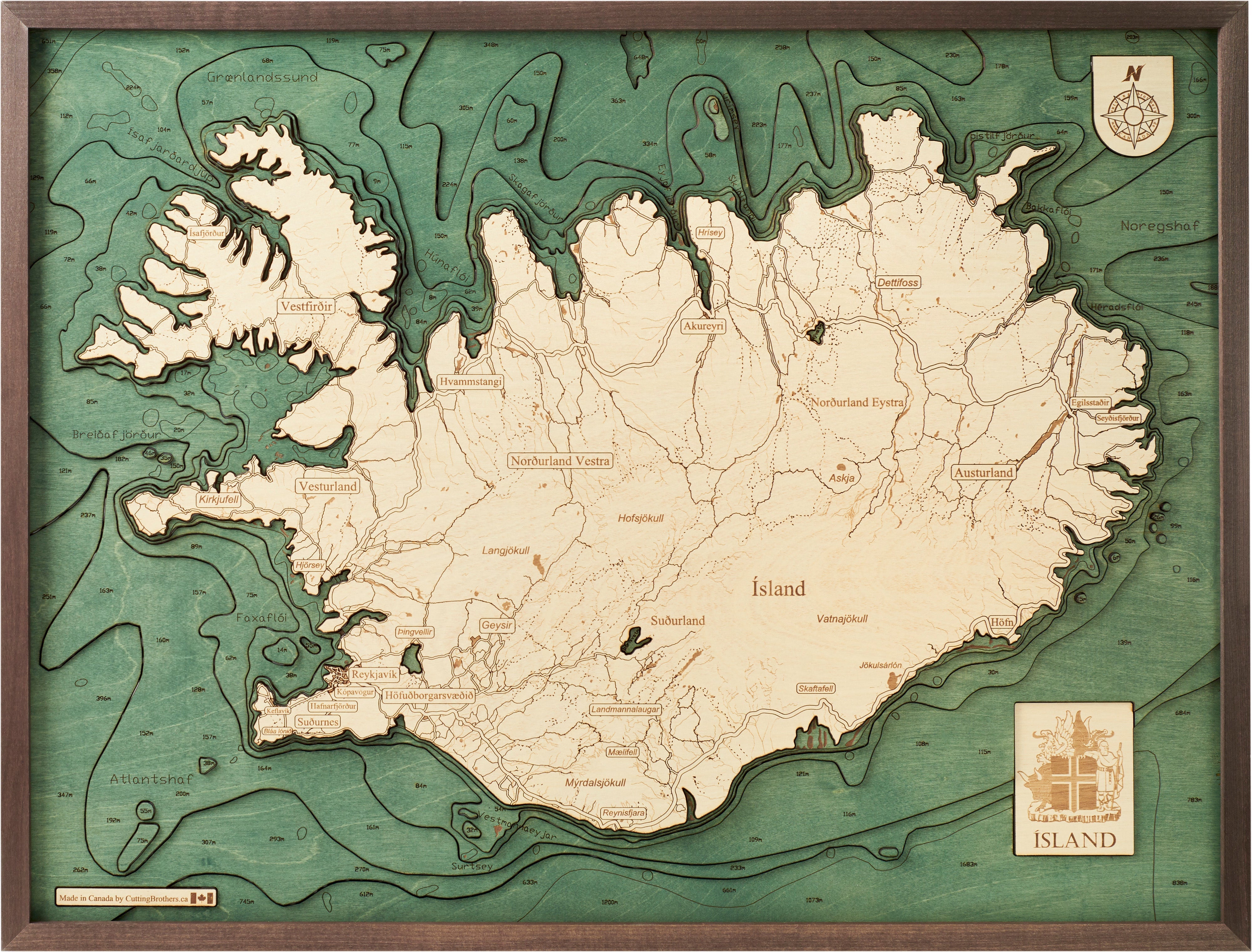 ICELAND 3D WOODEN WALL MAP - Version L