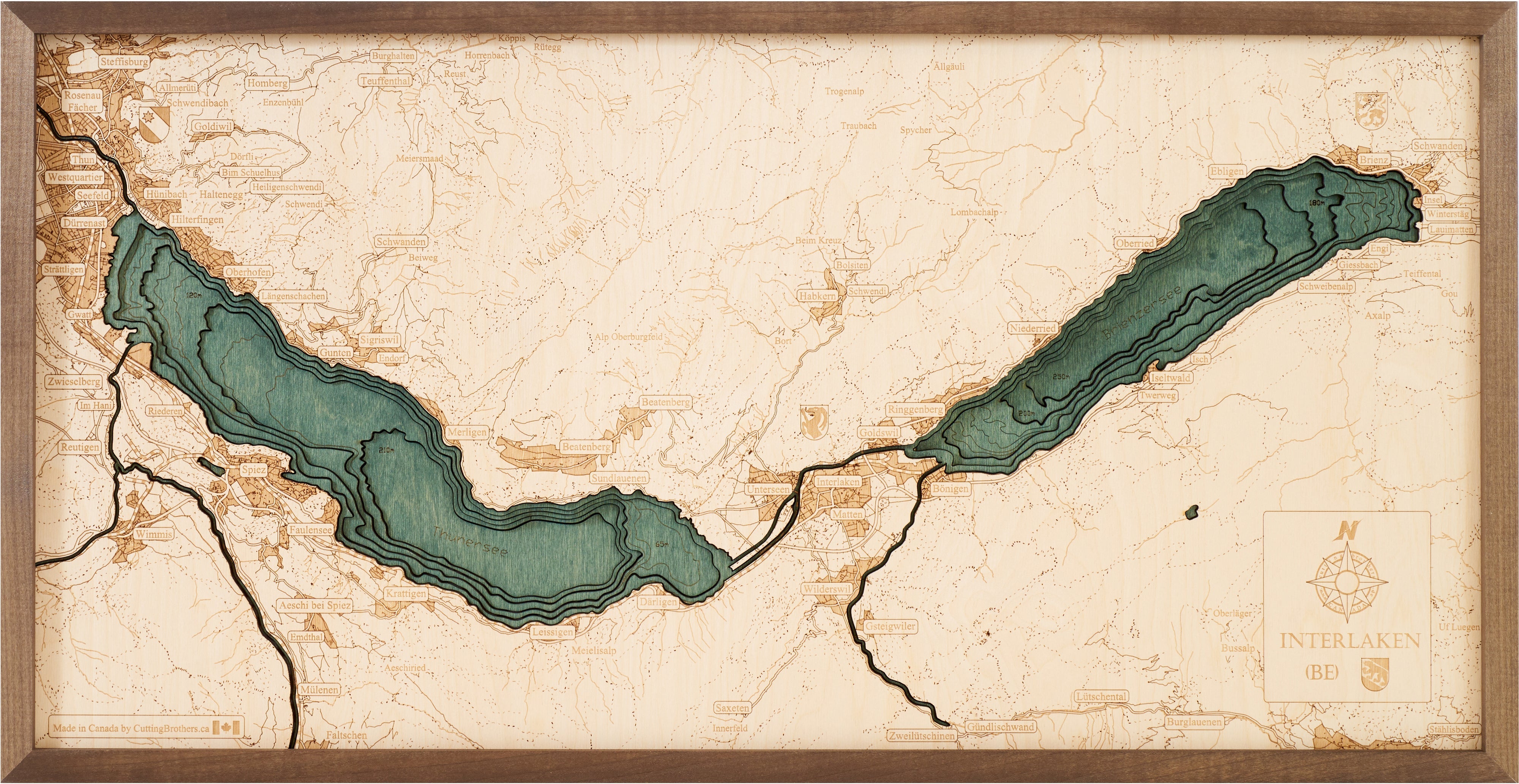 INTERLAKEN WITH BRIENZER - and THUNERSEA 3D WOODEN WALL MAP - Version M