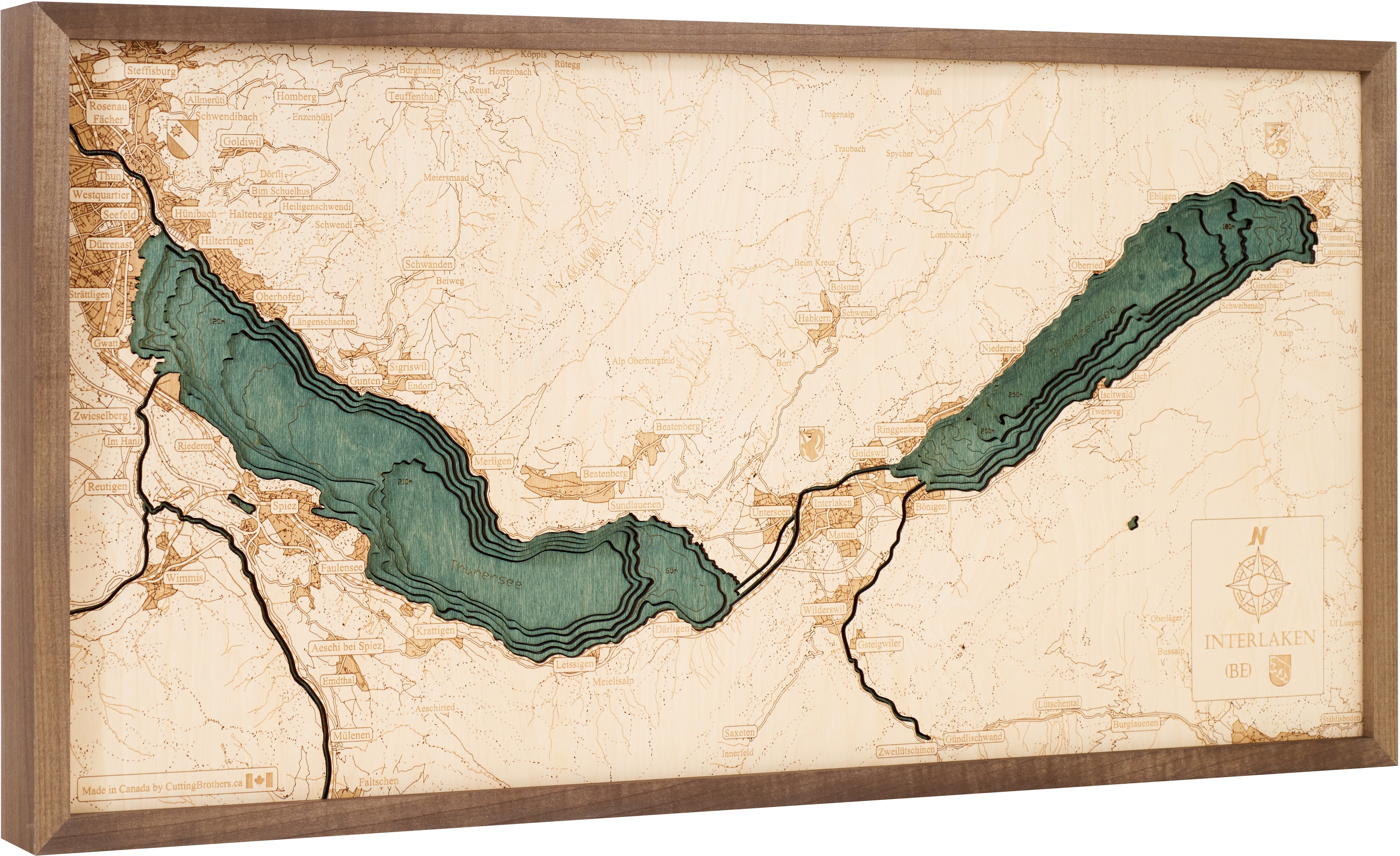 INTERLAKEN WITH BRIENZER - and THUNERSEA 3D WOODEN WALL MAP - Version M