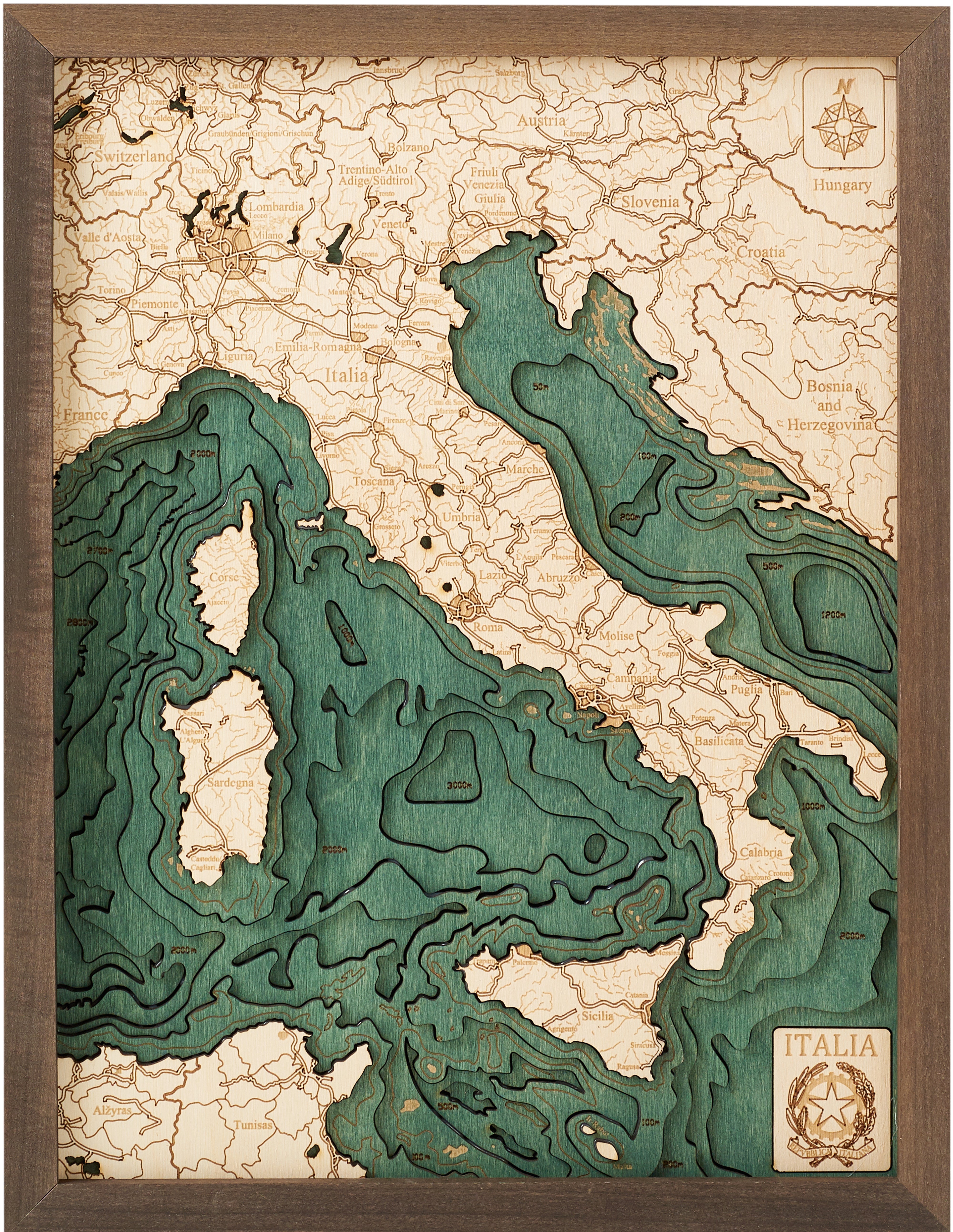 ITALY 3D WOODEN WALL MAP - Version S