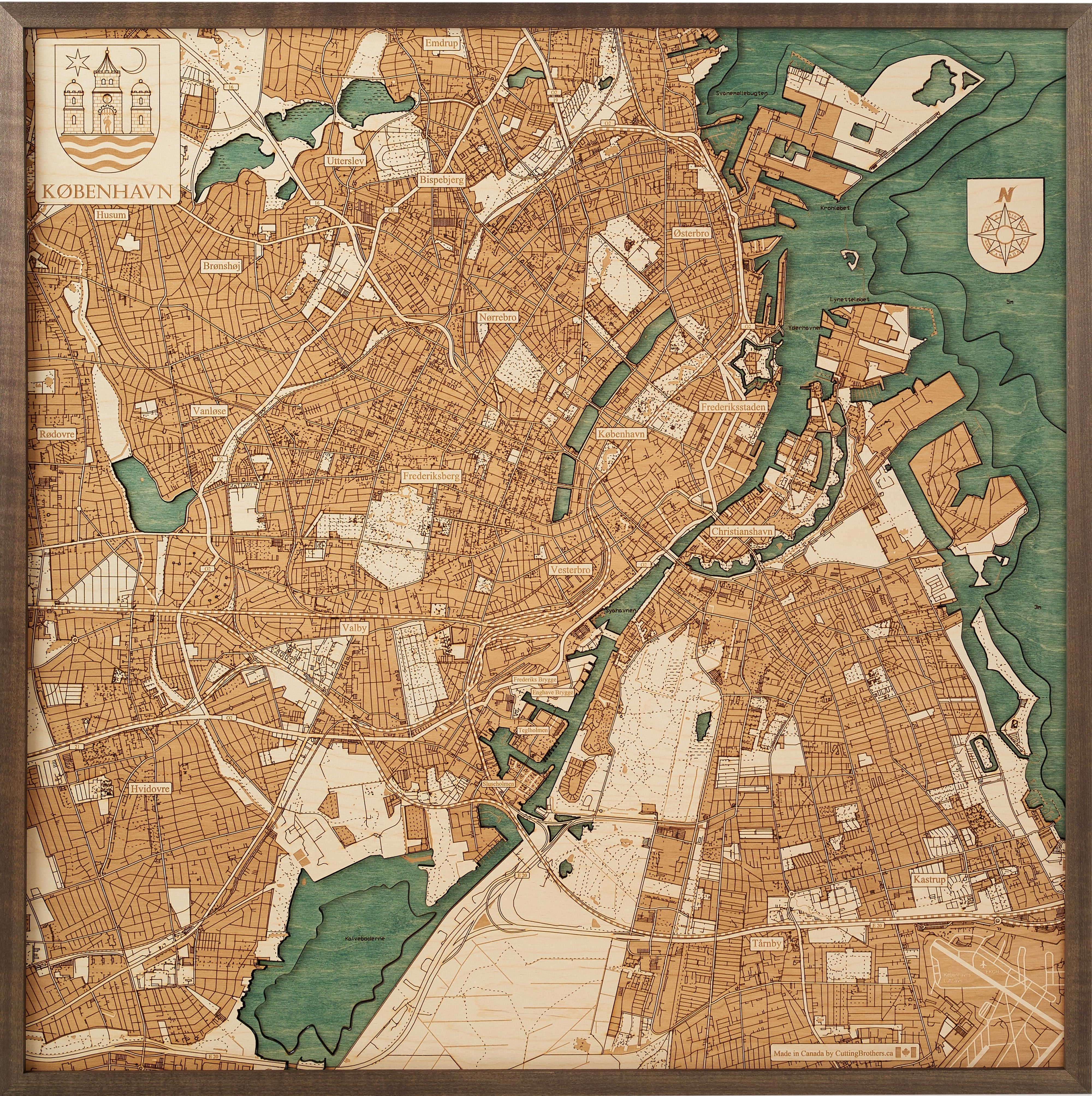 COPENHAGEN 3D WOODEN WALL MAP - Version L