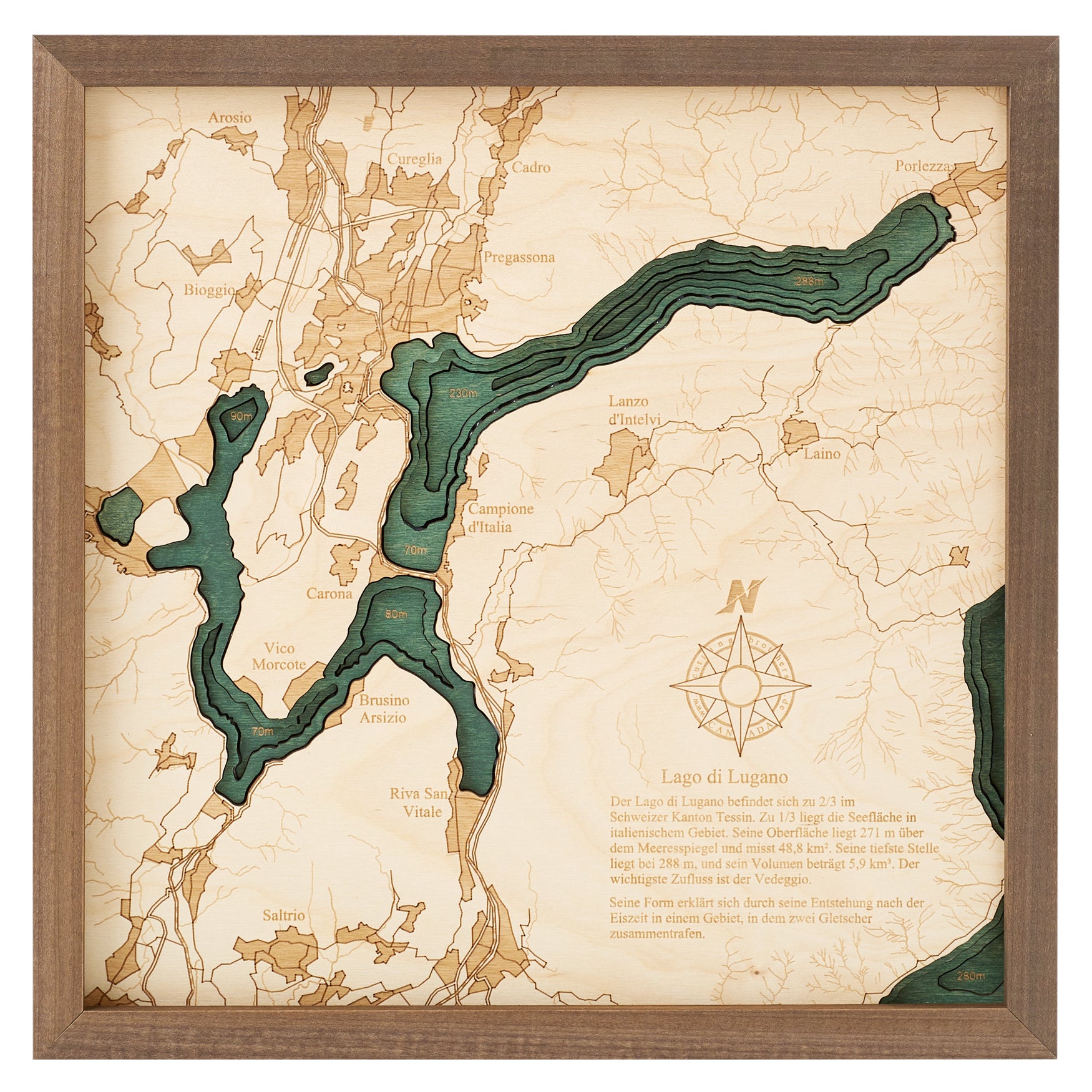 LAGO DI LUGANO 3D WOODEN WALL MAP - Version S