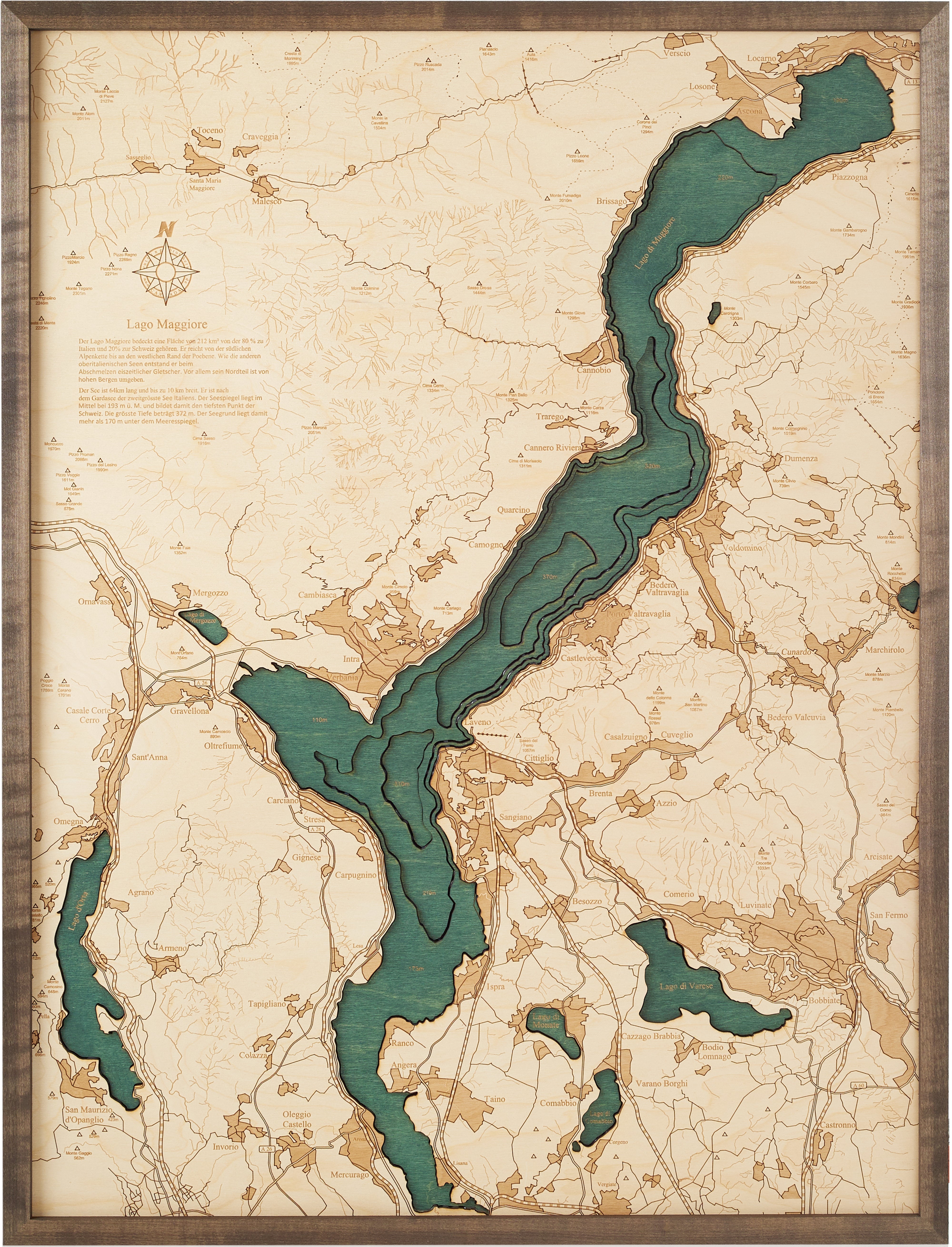 LAGO MAGGIORE 3D WOODEN WALL MAP - Version L