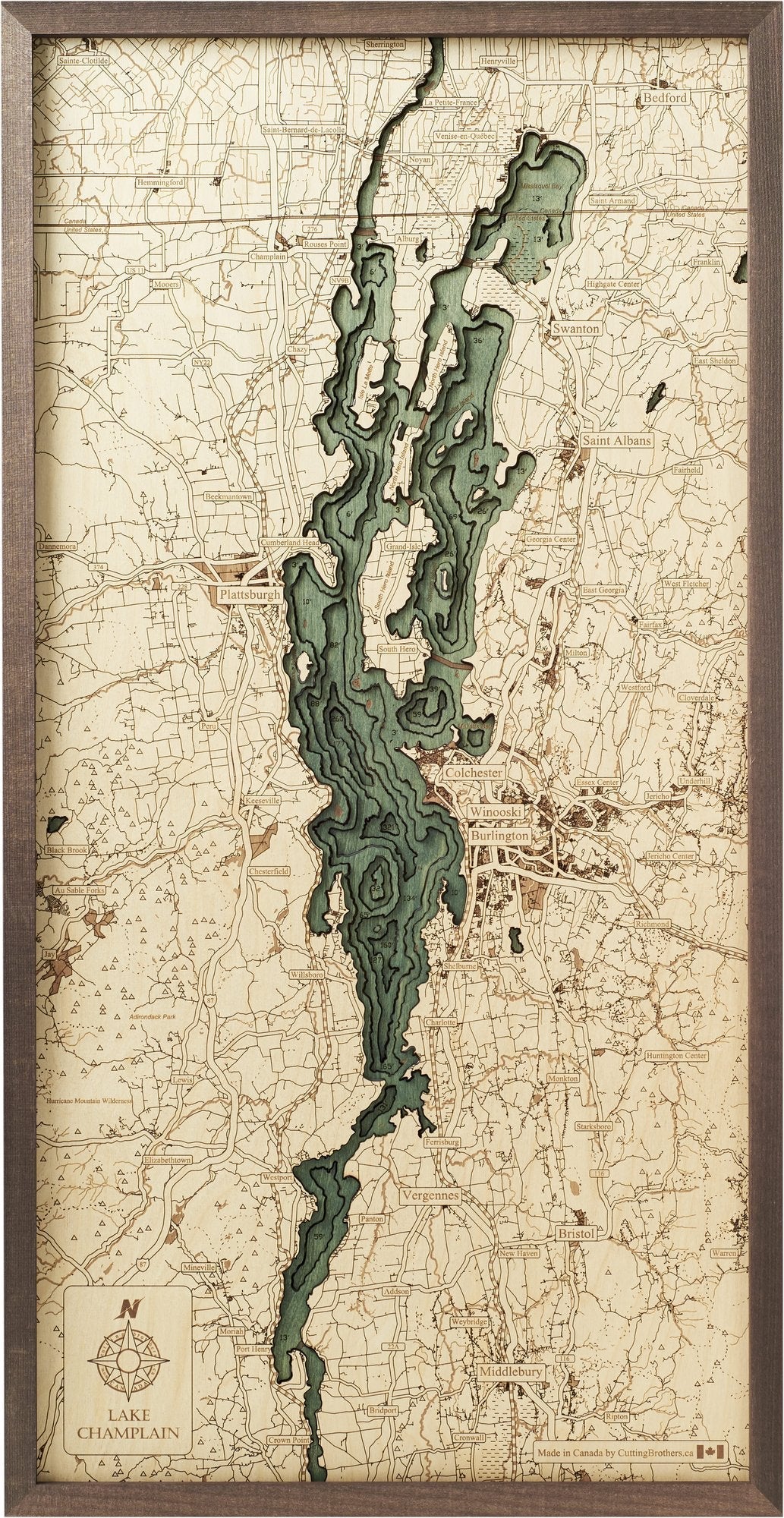 LAKE CHAMPLAIN 3D WOODEN WALL MAP - Version M