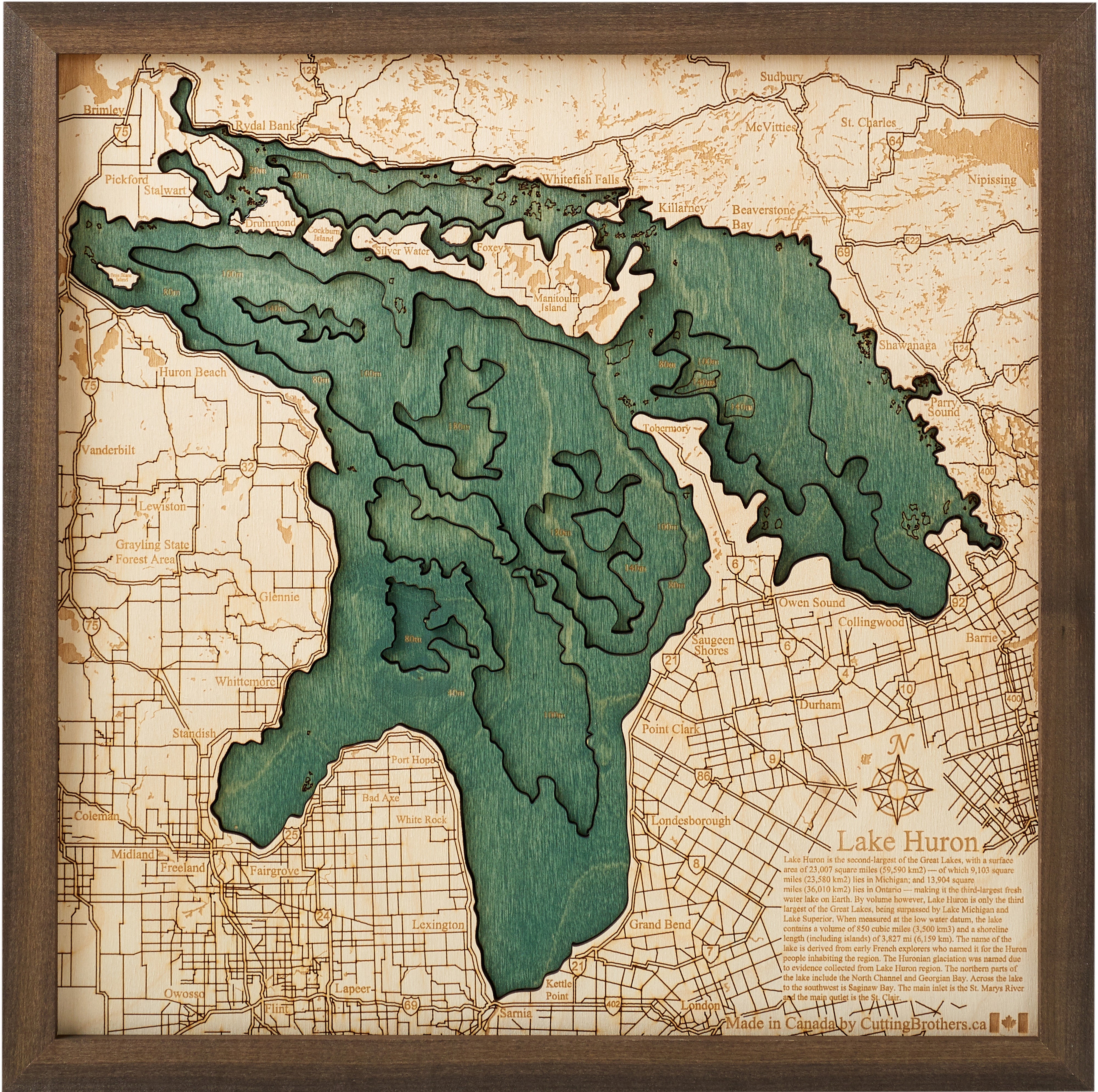 LAKE HURON 3D WOODEN WALL MAP - Version S