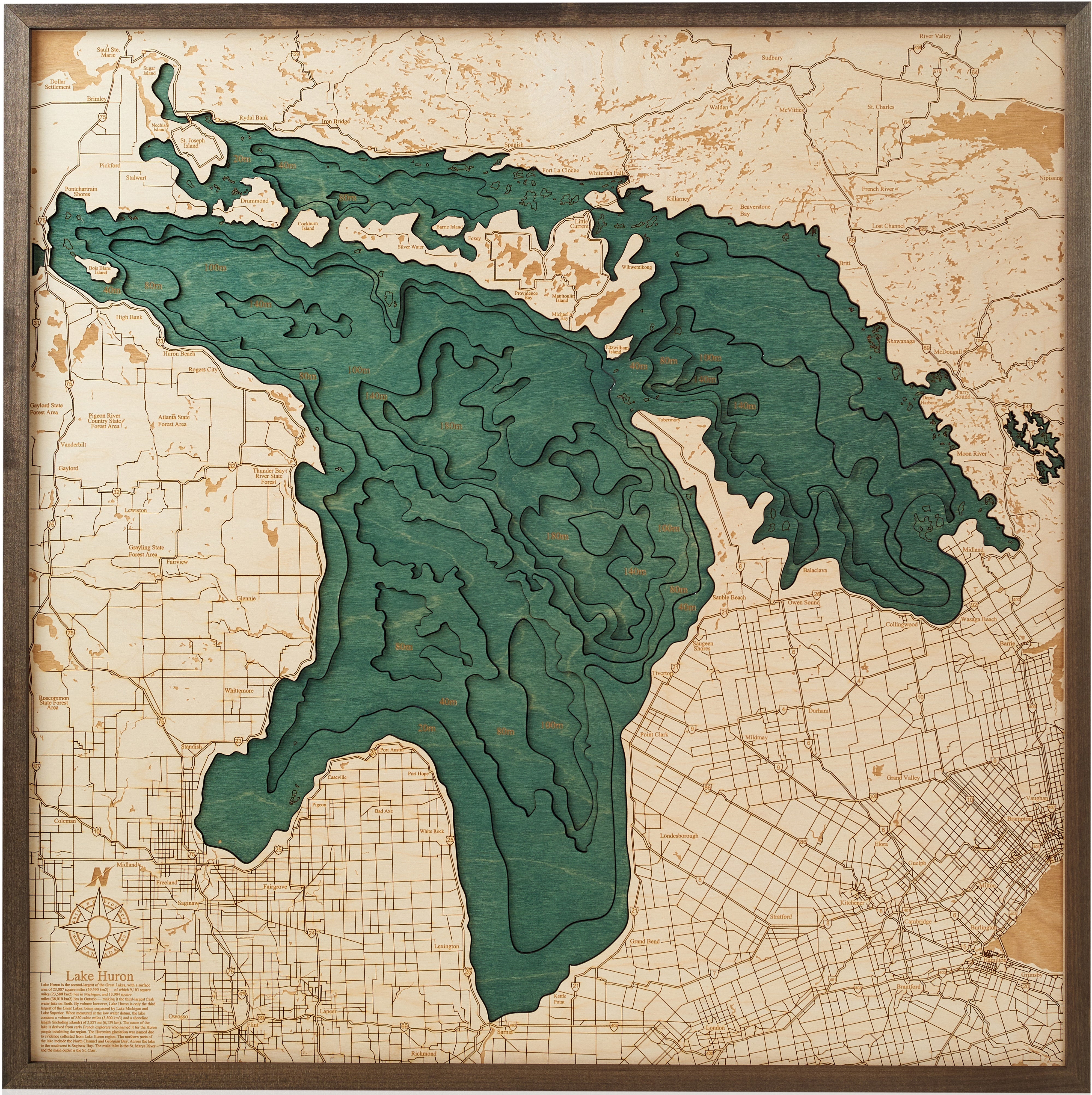 LAKE HURON 3D WOODEN WALL MAP - Version L