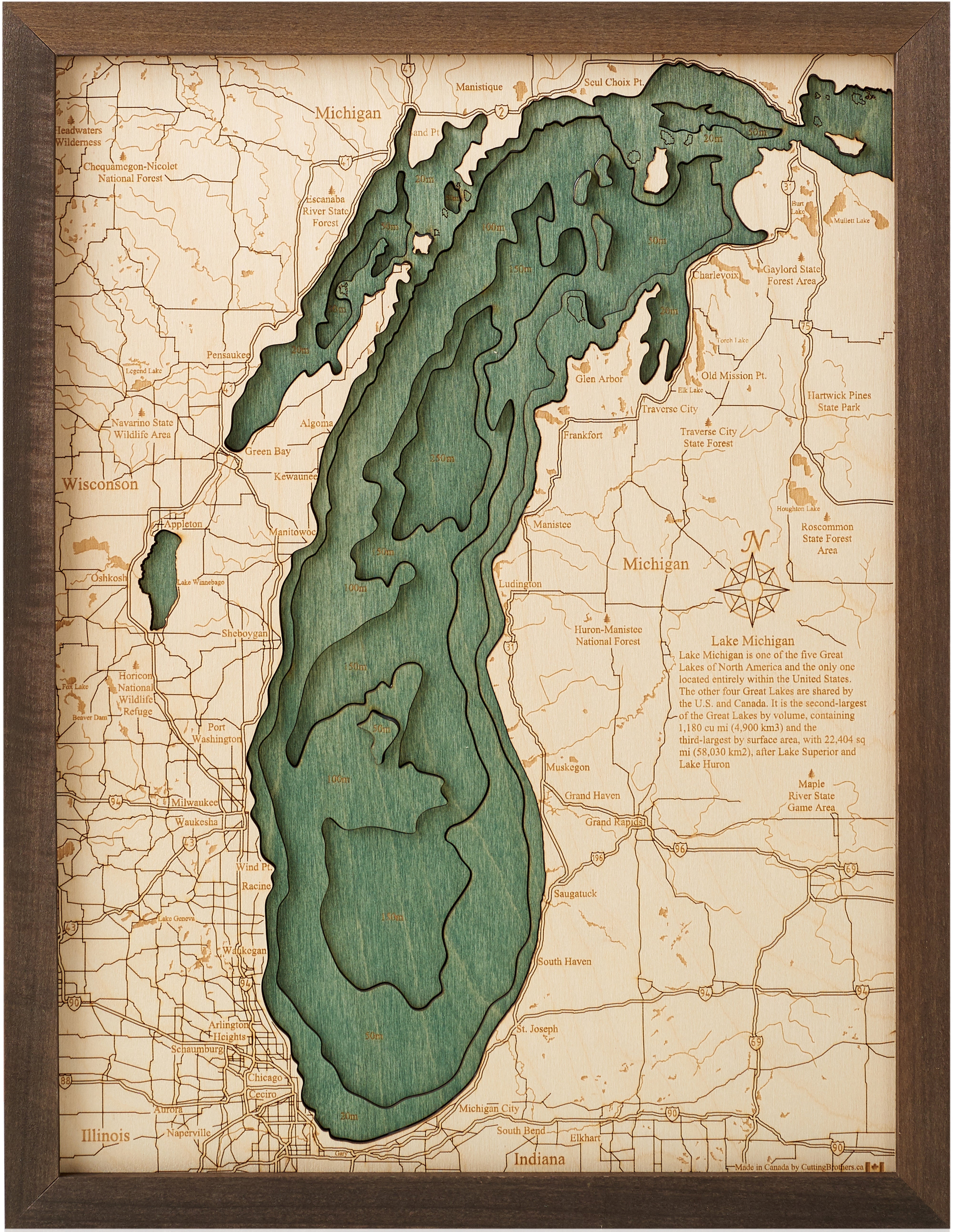 LAKE MICHIGAN 3D WOODEN WALL MAP - Version S