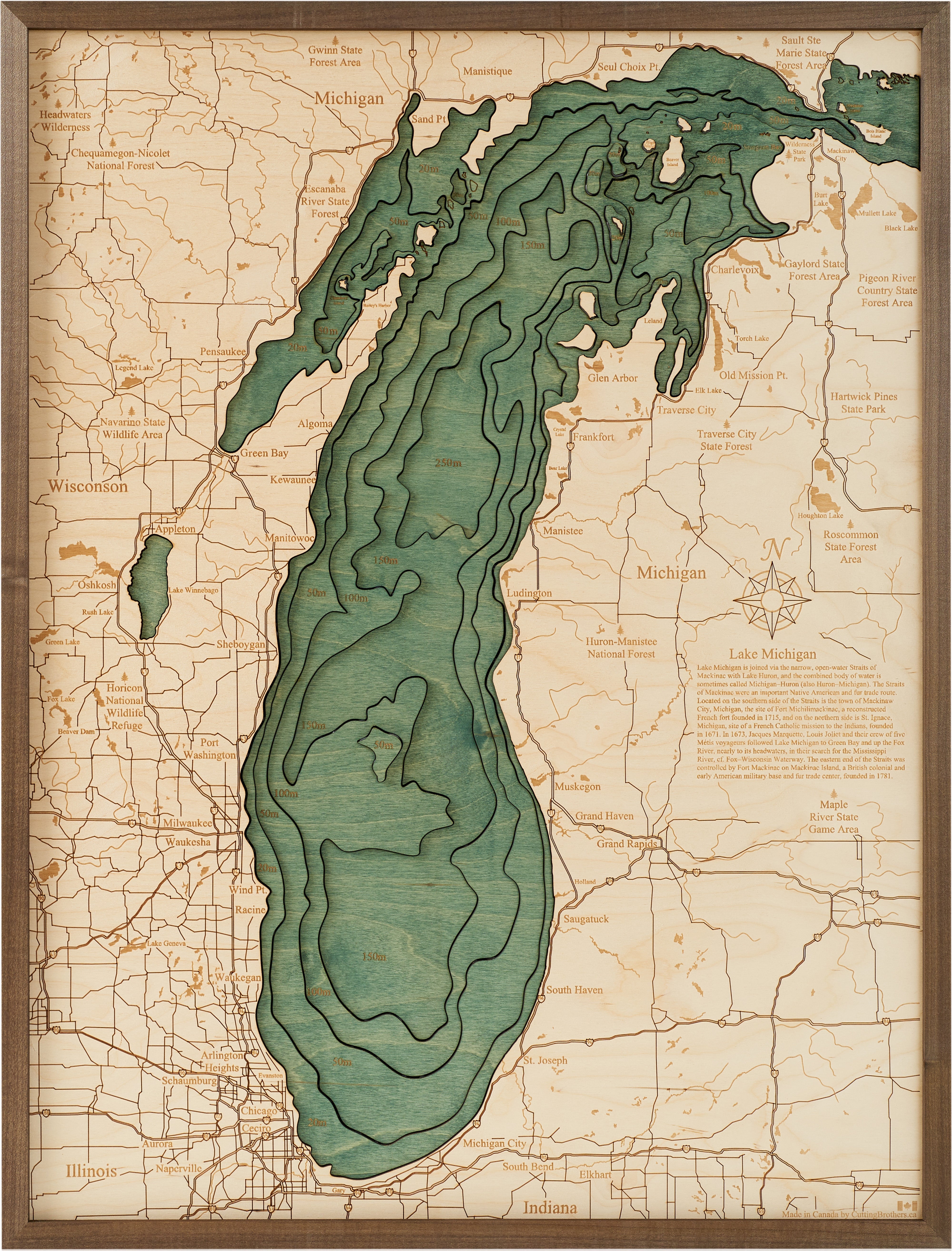 LAKE MICHIGAN 3D WOODEN WALL MAP - Version L