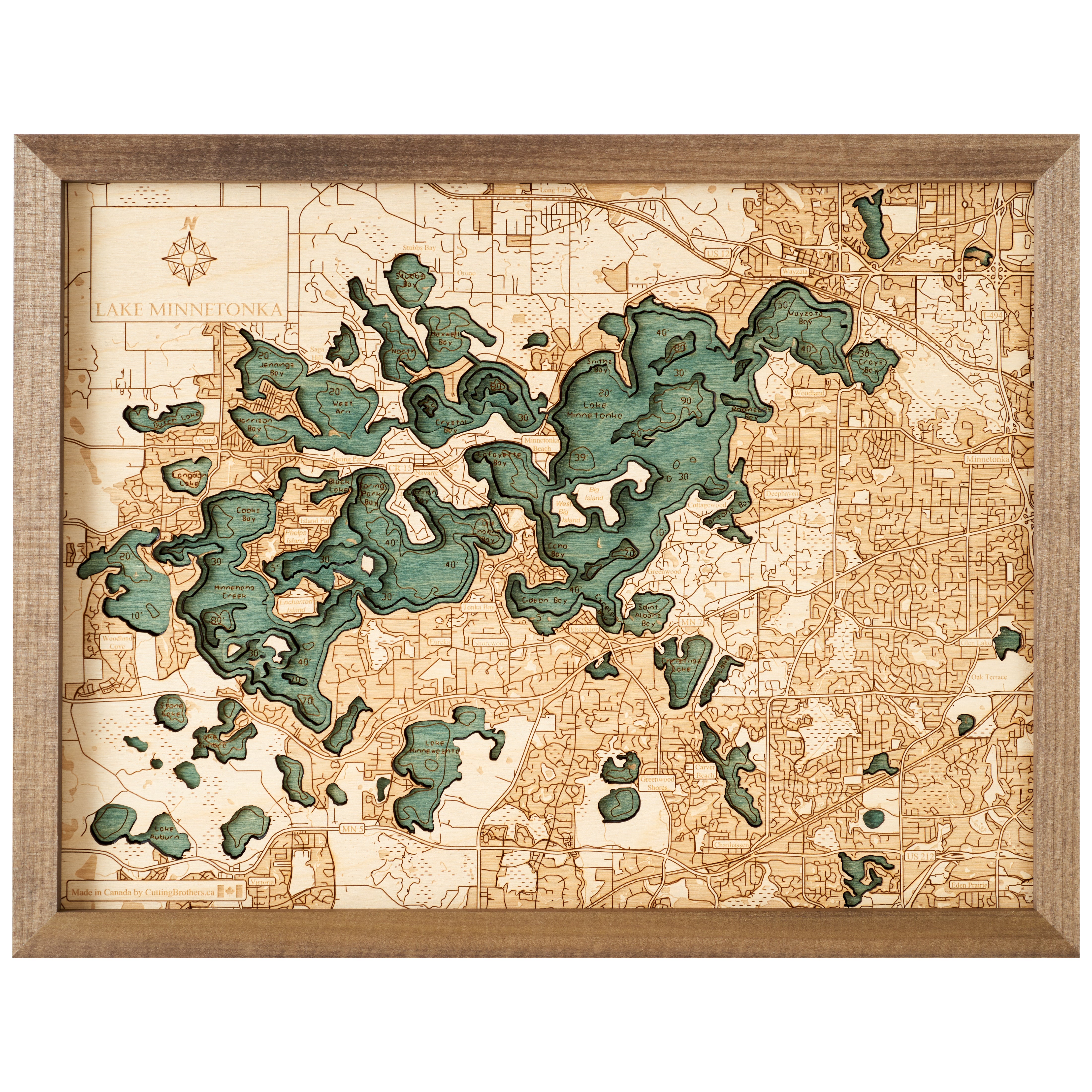 LAKE MINNETONKA 3D WOODEN WALL MAP - Version S