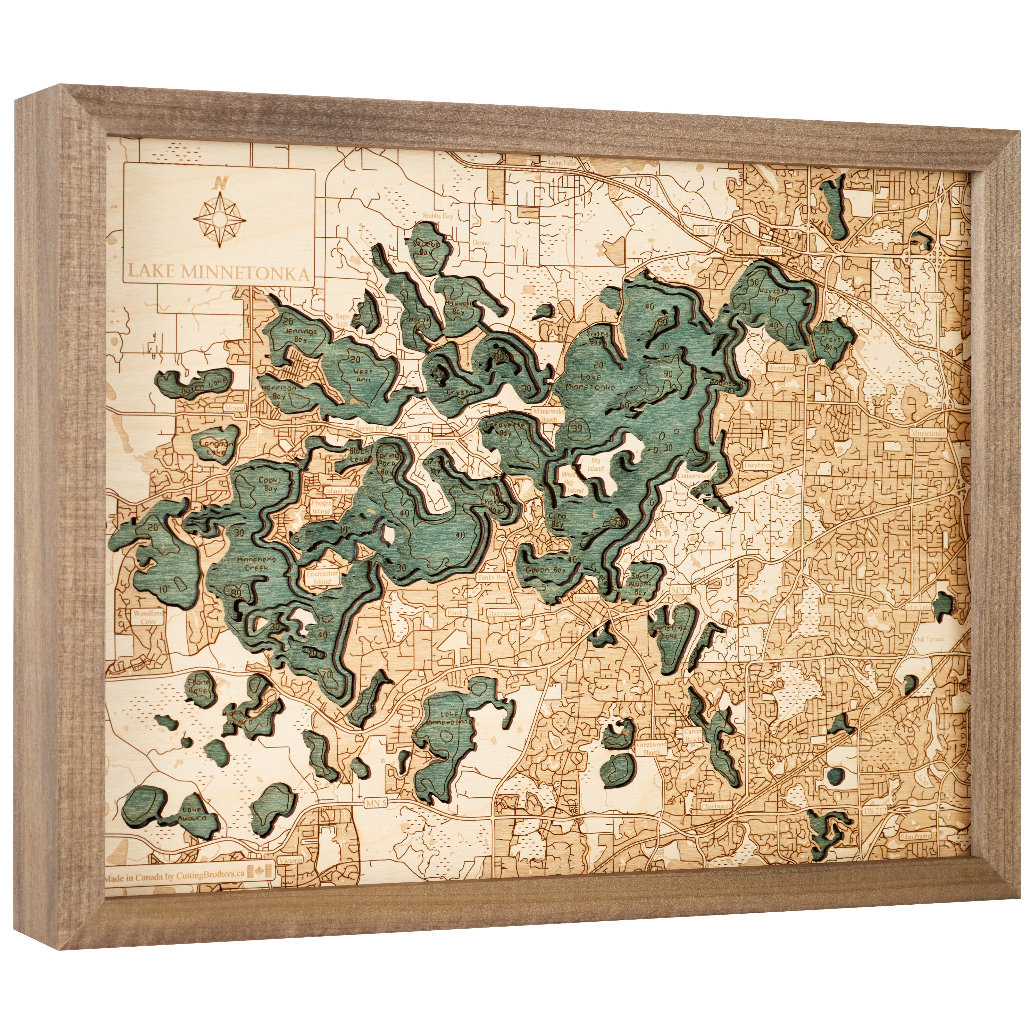 LAKE MINNETONKA 3D WOODEN WALL MAP - Version S