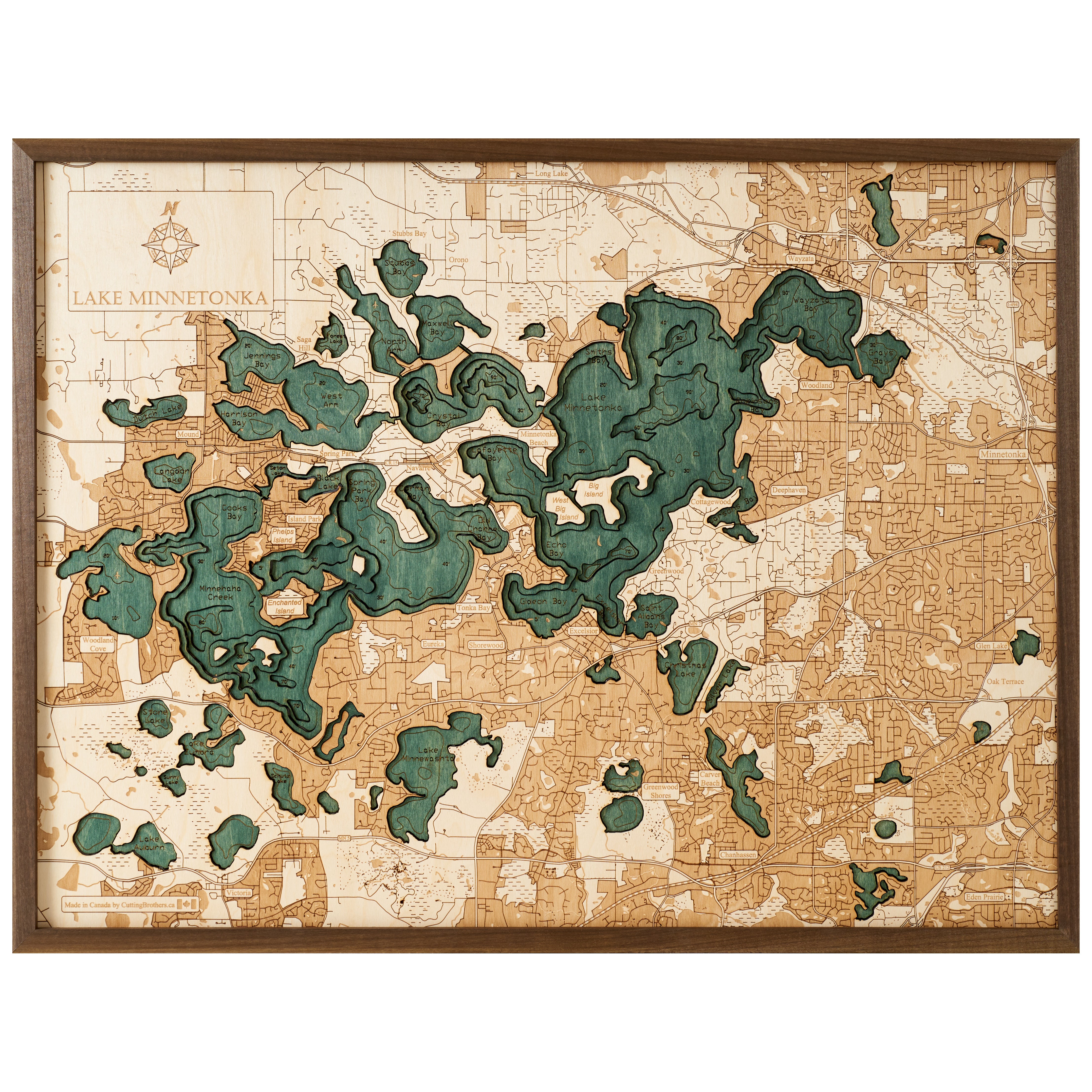 LAKE MINNETONKA 3D WOODEN WALL MAP - Version L