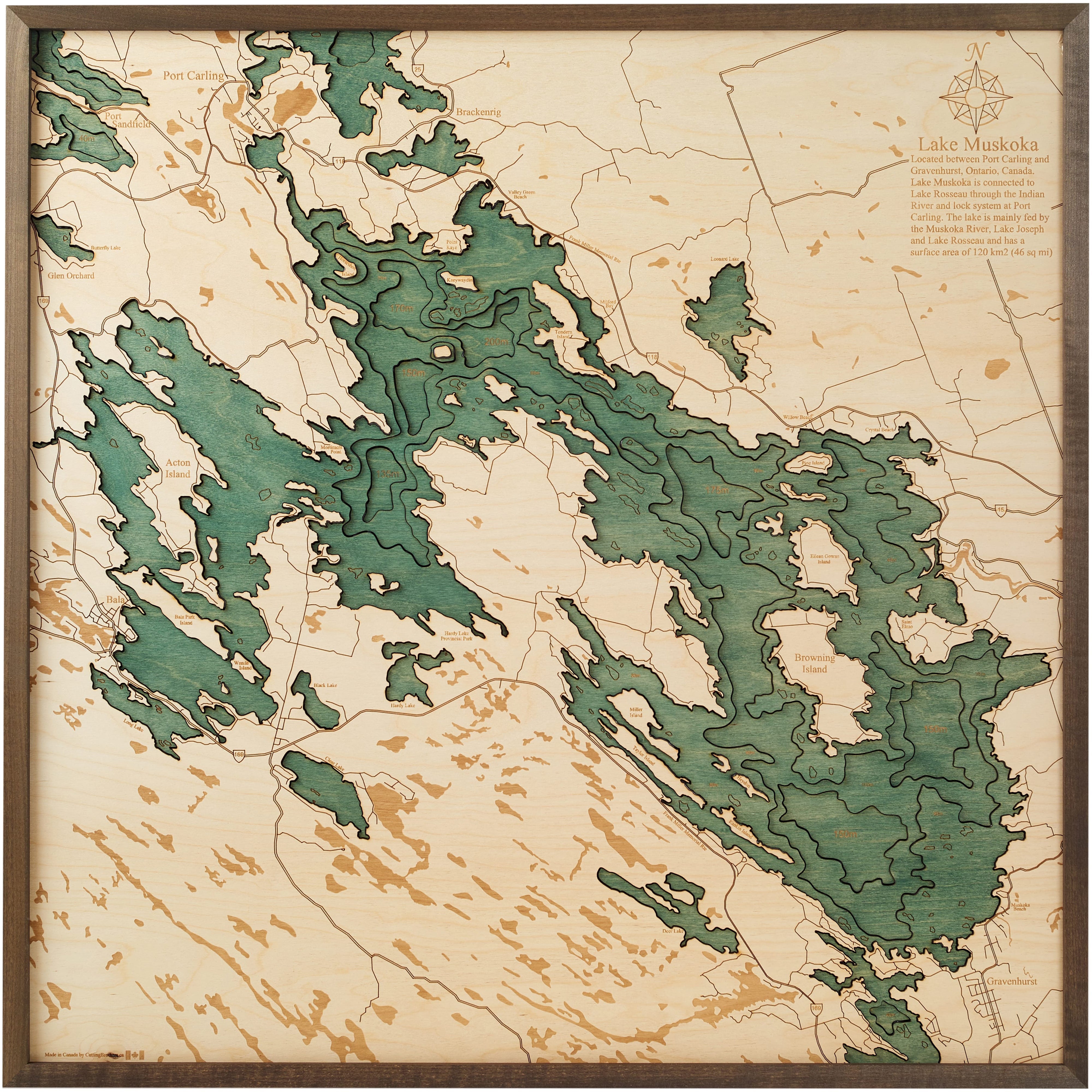 LAKE MUSKOKA 3D WOODEN WALL MAP - Version L