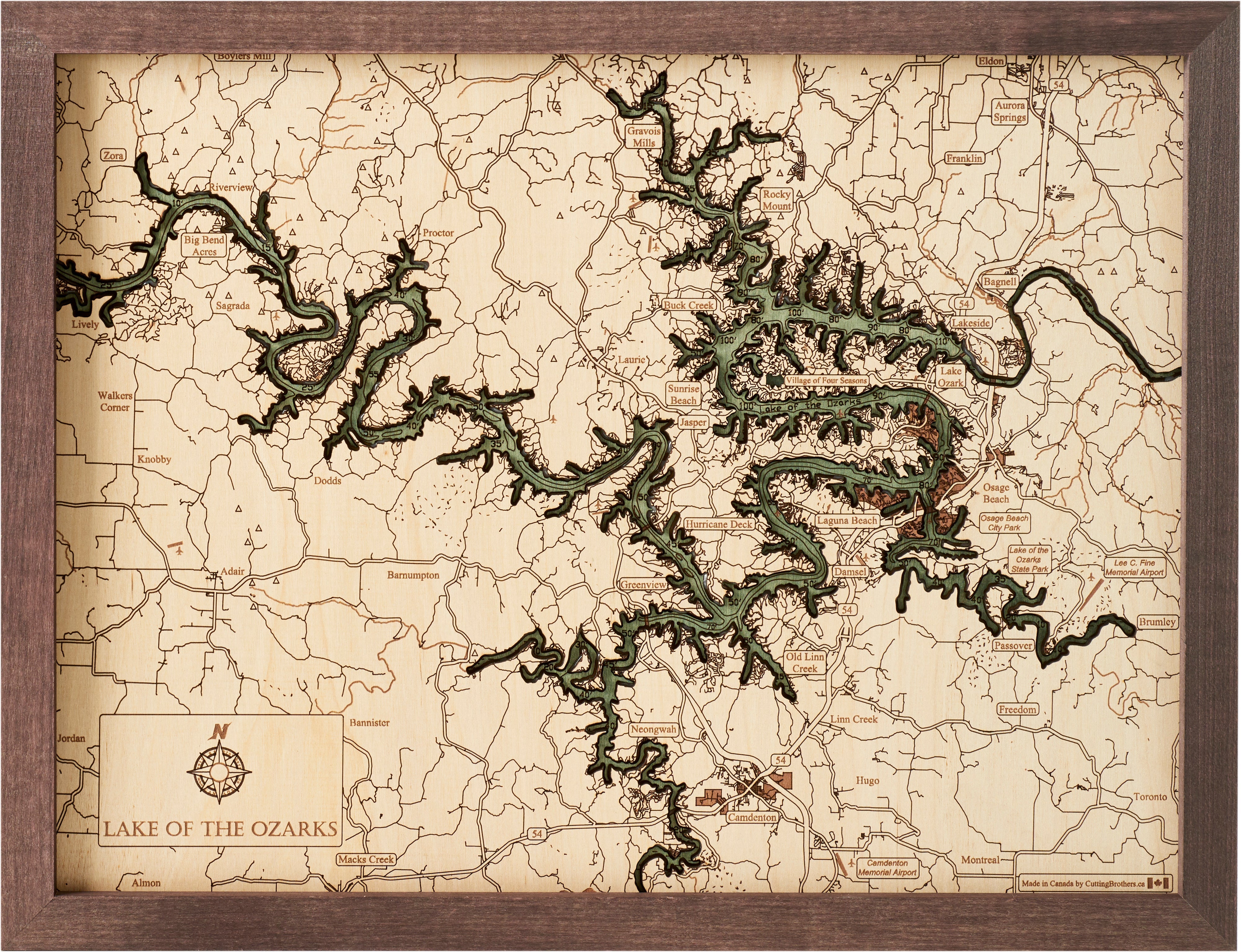 LAKE OF THE OZARKS 3D WOODEN WALL MAP - Version S