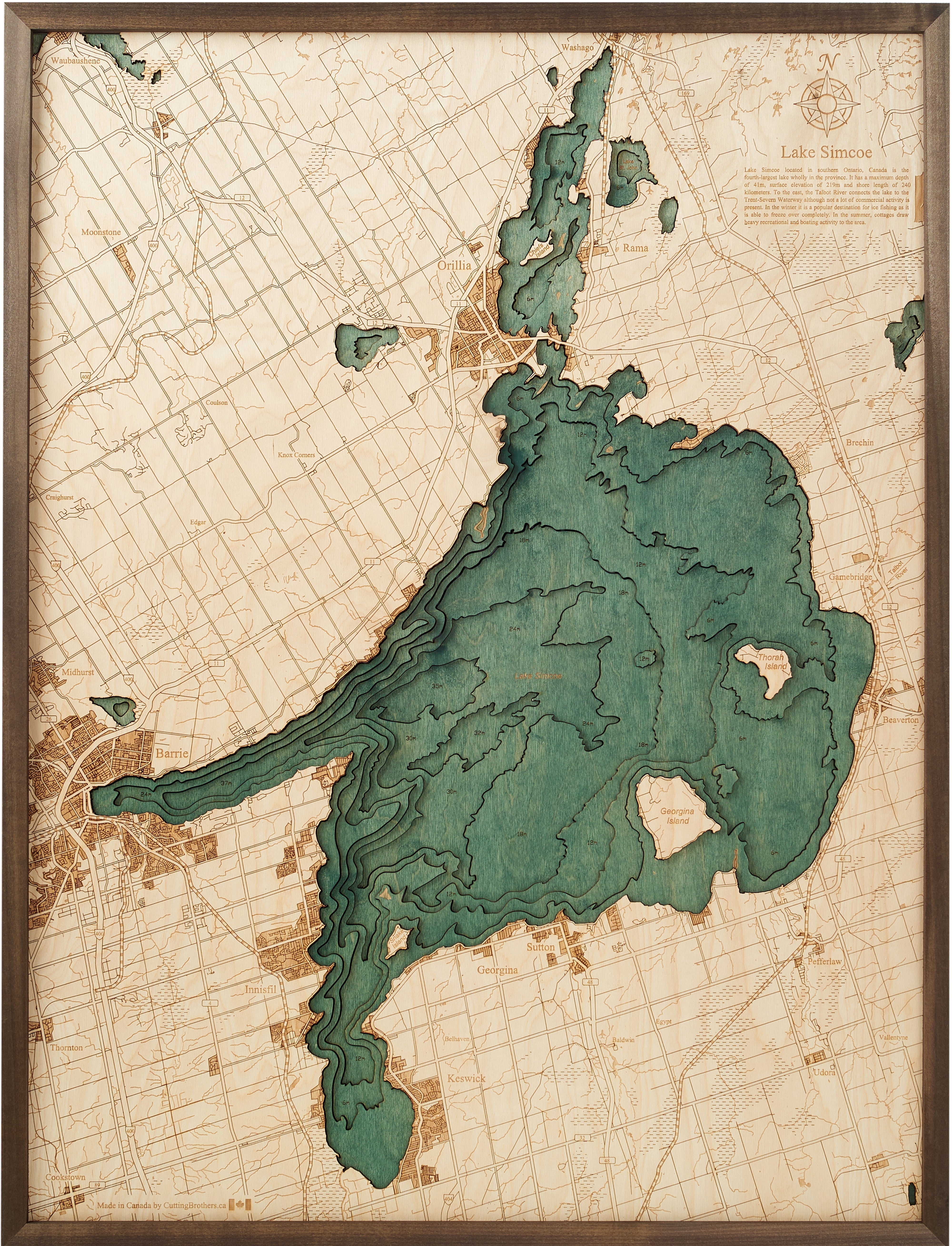 LAKE SIMCOE 3D WOODEN WALL MAP - Version L