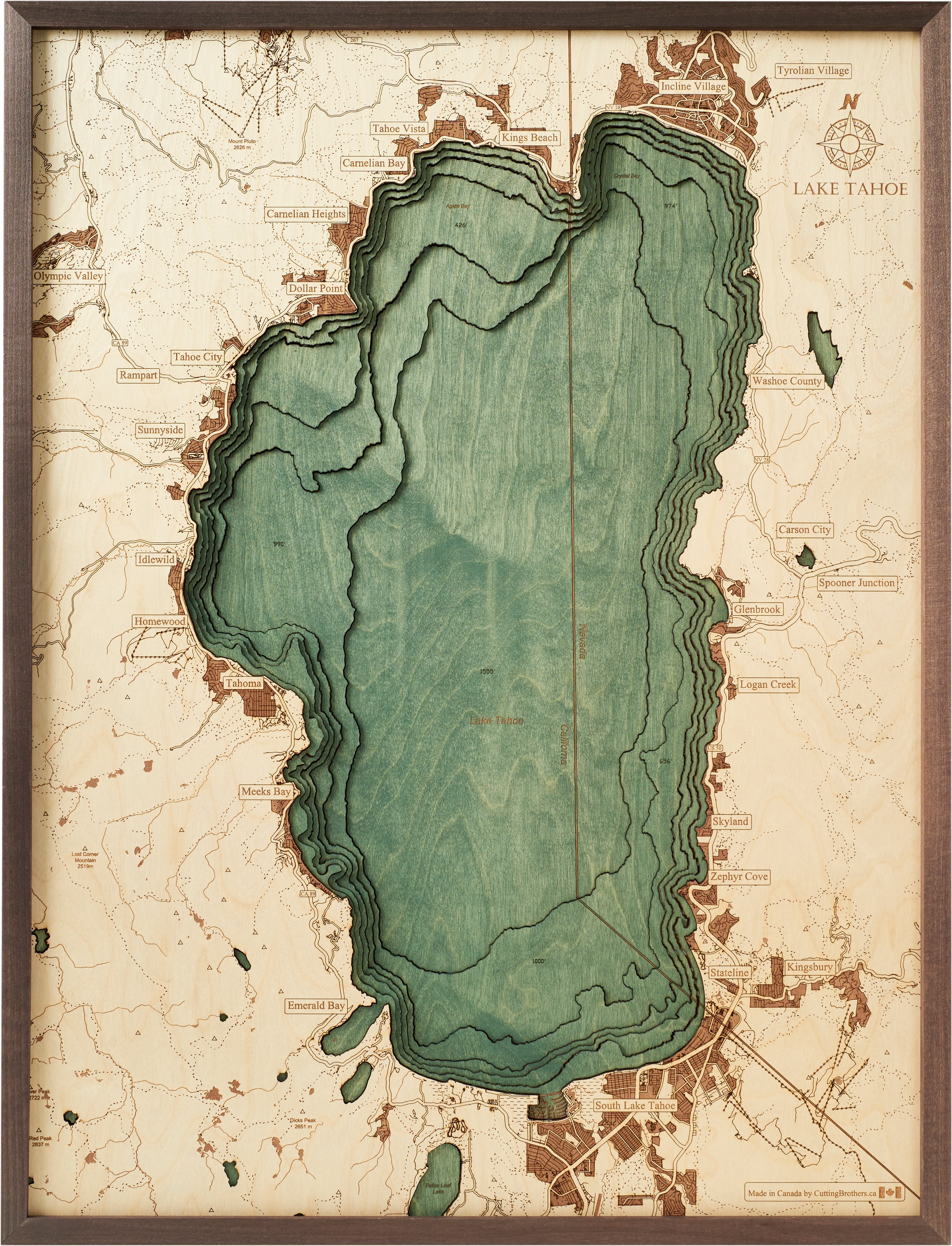 LAKE TAHOE 3D WOODEN WALL MAP - Version L