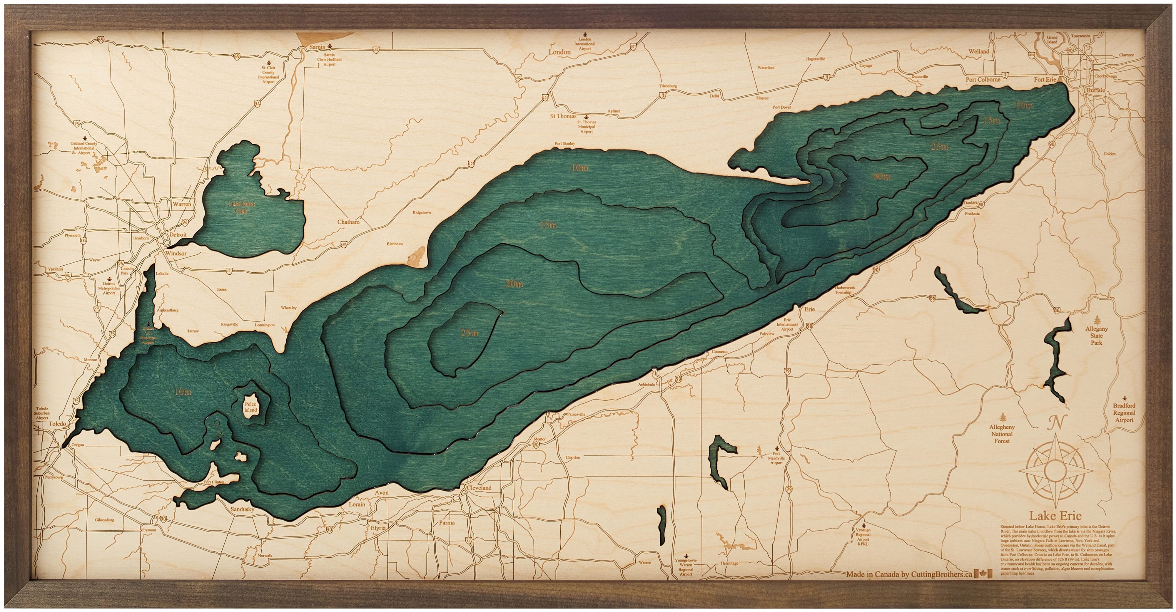 LAKE ERIE 3D WOODEN WALL MAP - Version M