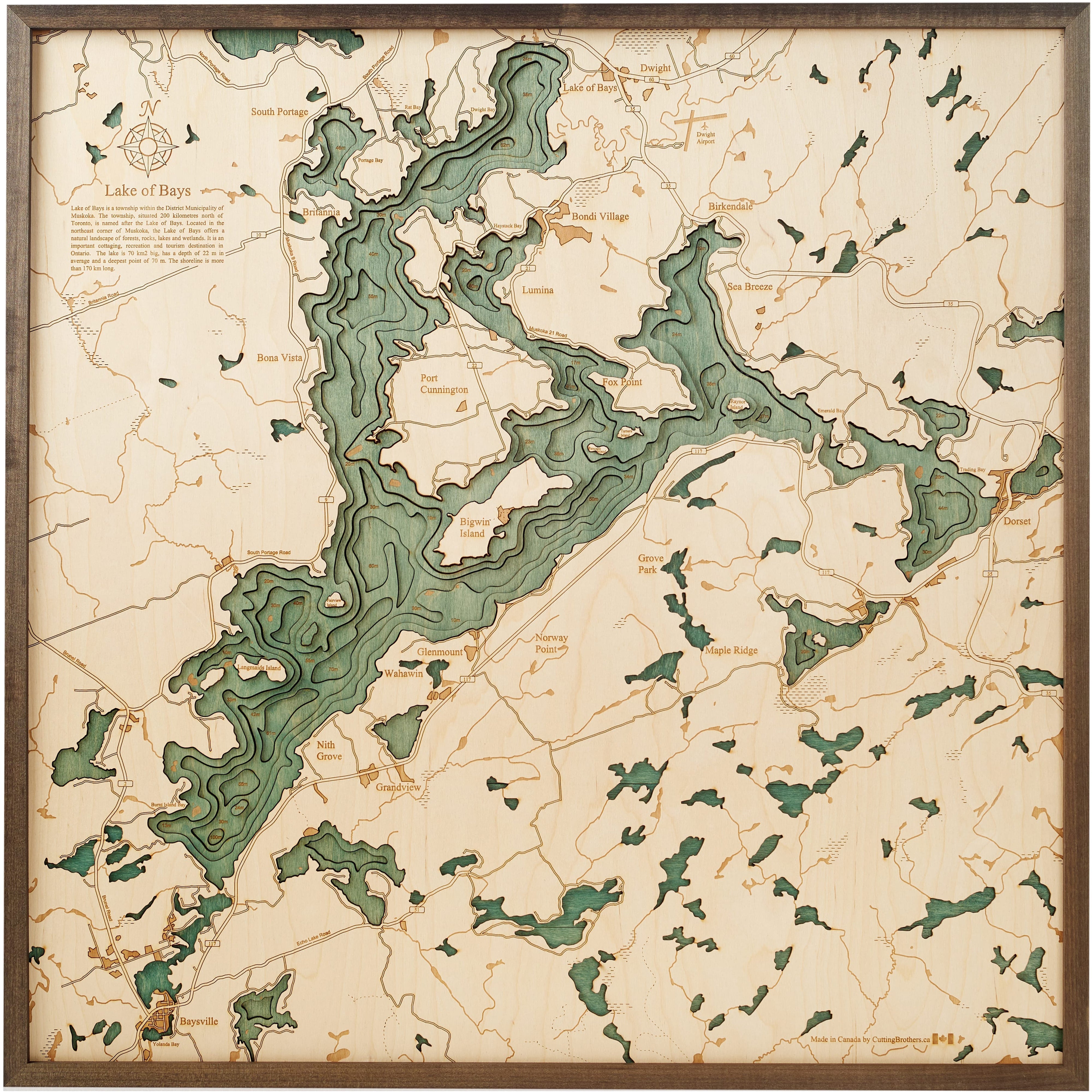 LAKE OF BAYS 3D WOODEN WALL MAP - Version L