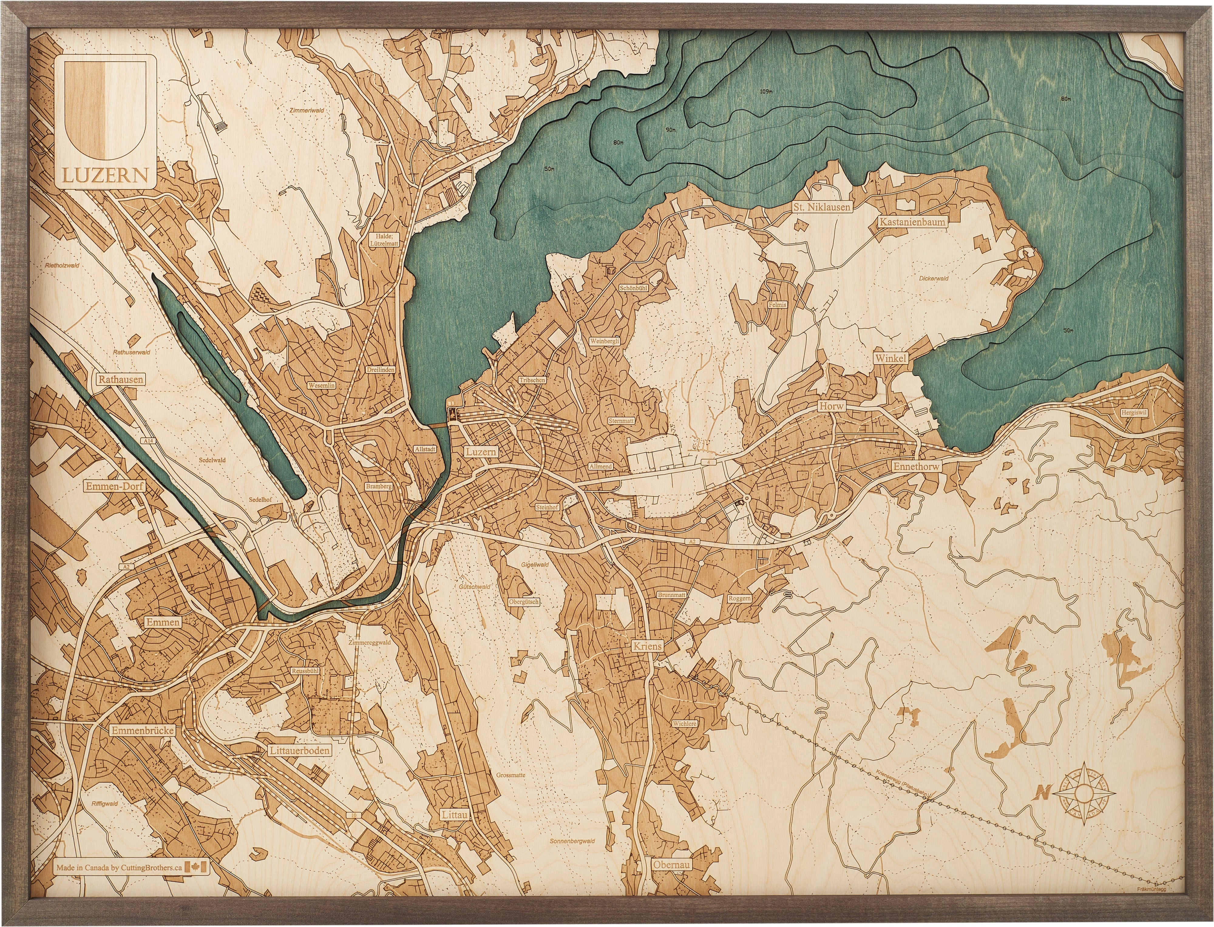 LUCERNE 3D WOODEN WALL MAP - Version L