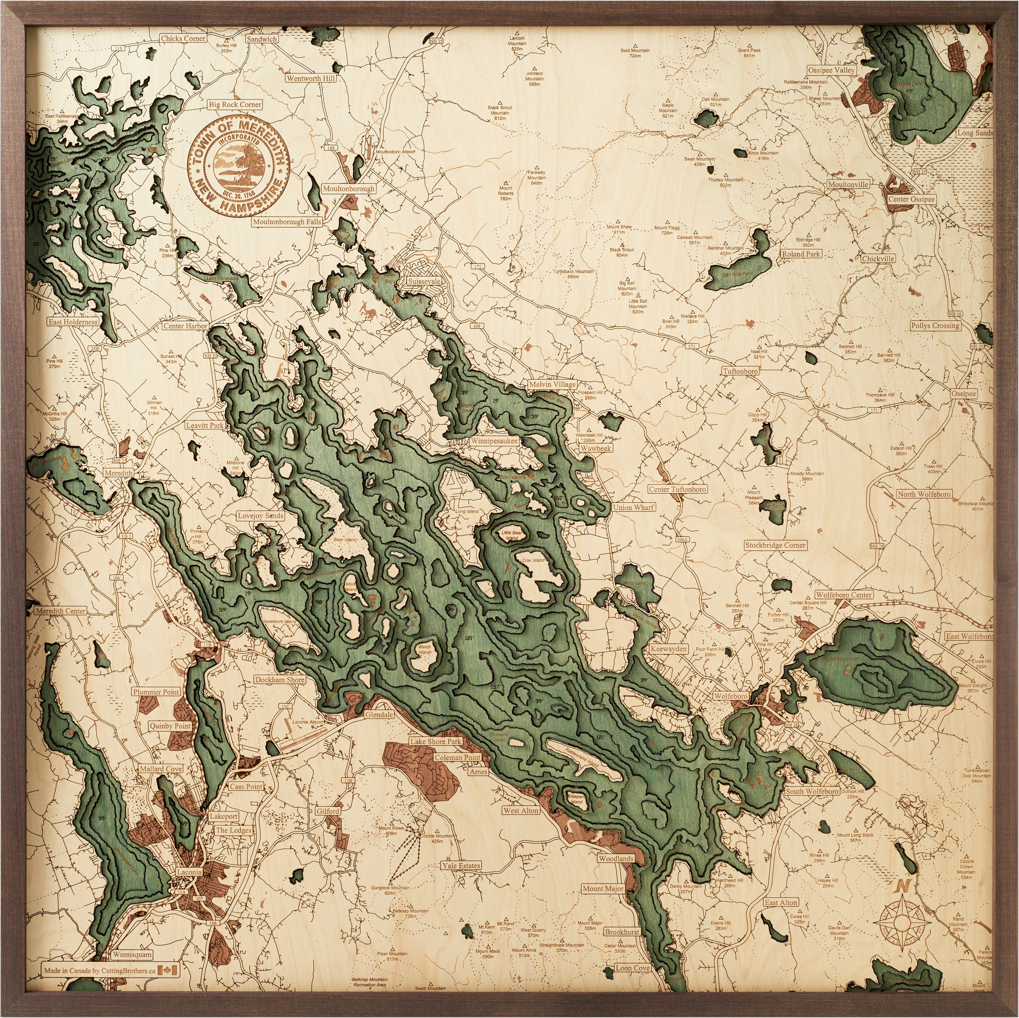 MEREDITH NH 3D WOODEN WALL MAP - Version L