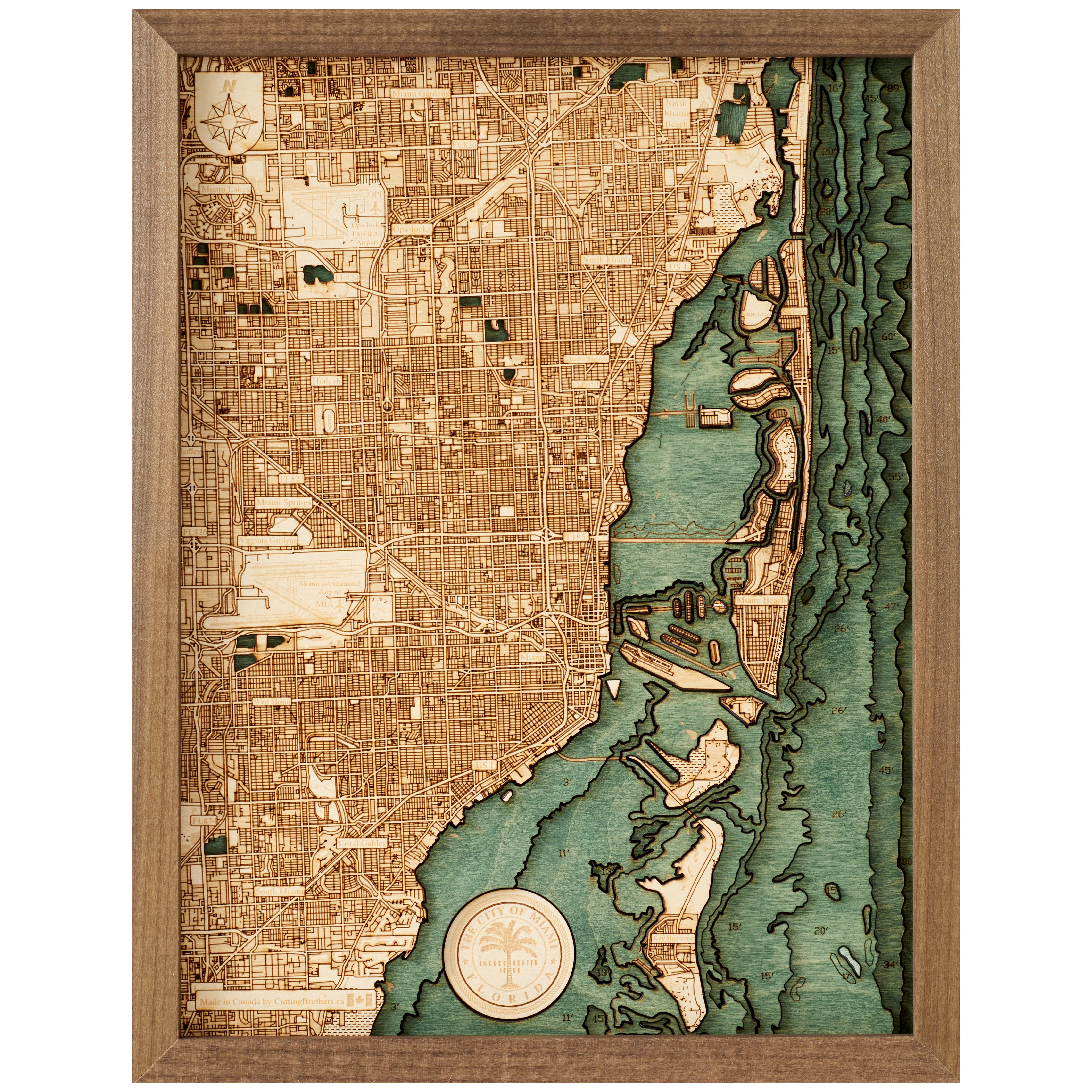 MIAMI BEACH 3D WOODEN WALL MAP - Version S